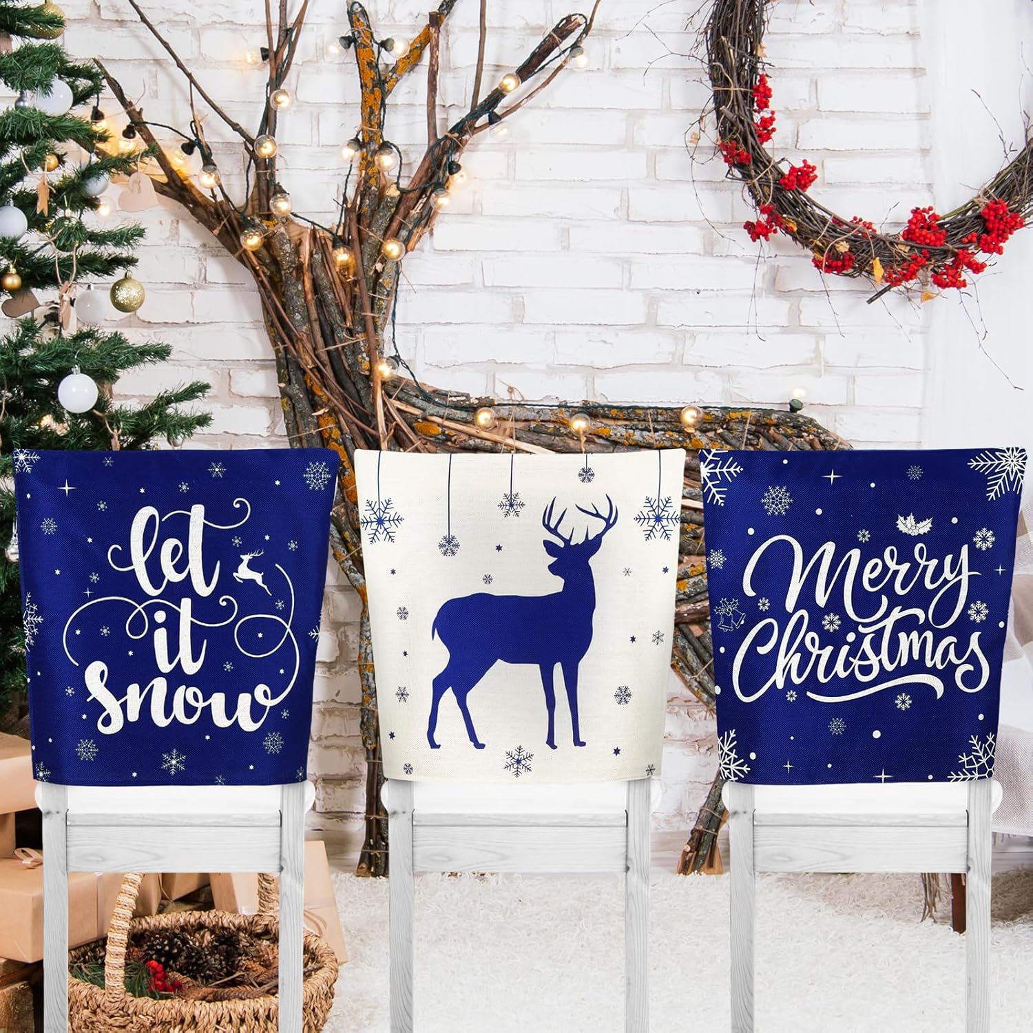VitalCozy 6 fundas navideñas para sillas de 18 x 18 pulgadas, de arpillera, color azul, con texto en inglés “Merry Christmas”, fundas de asiento con