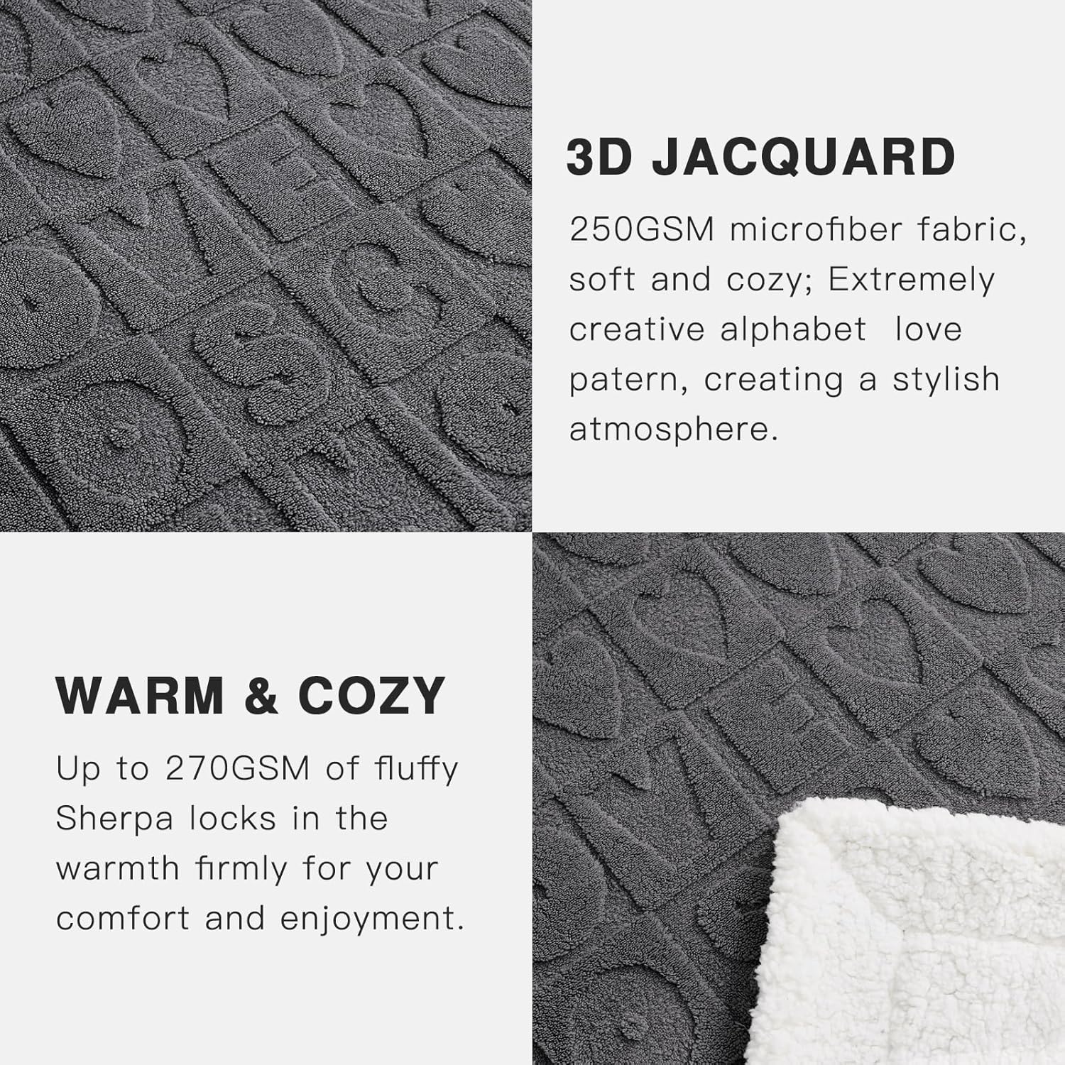PanxHome Manta Sherpa de 520 GSM, cálida y gruesa para invierno, manta jacquard única con corazón del alfabeto para sofá, manta decorativa suave y