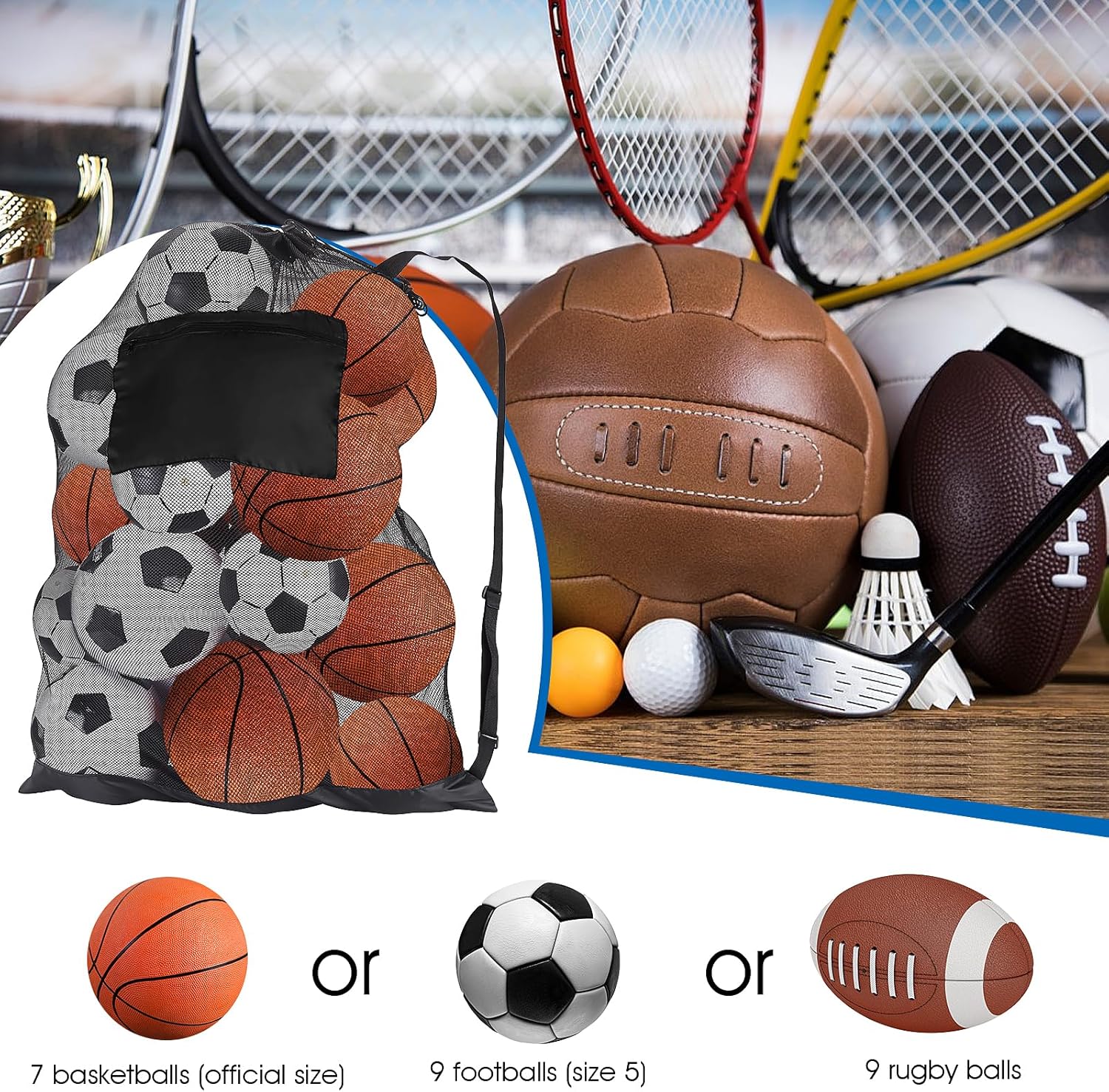 Abeillo Bolsa de pelota de fútbol extra grande para pelota deportiva, bolsa de malla duradera con correa para el hombro, bolsa de almacenamiento de