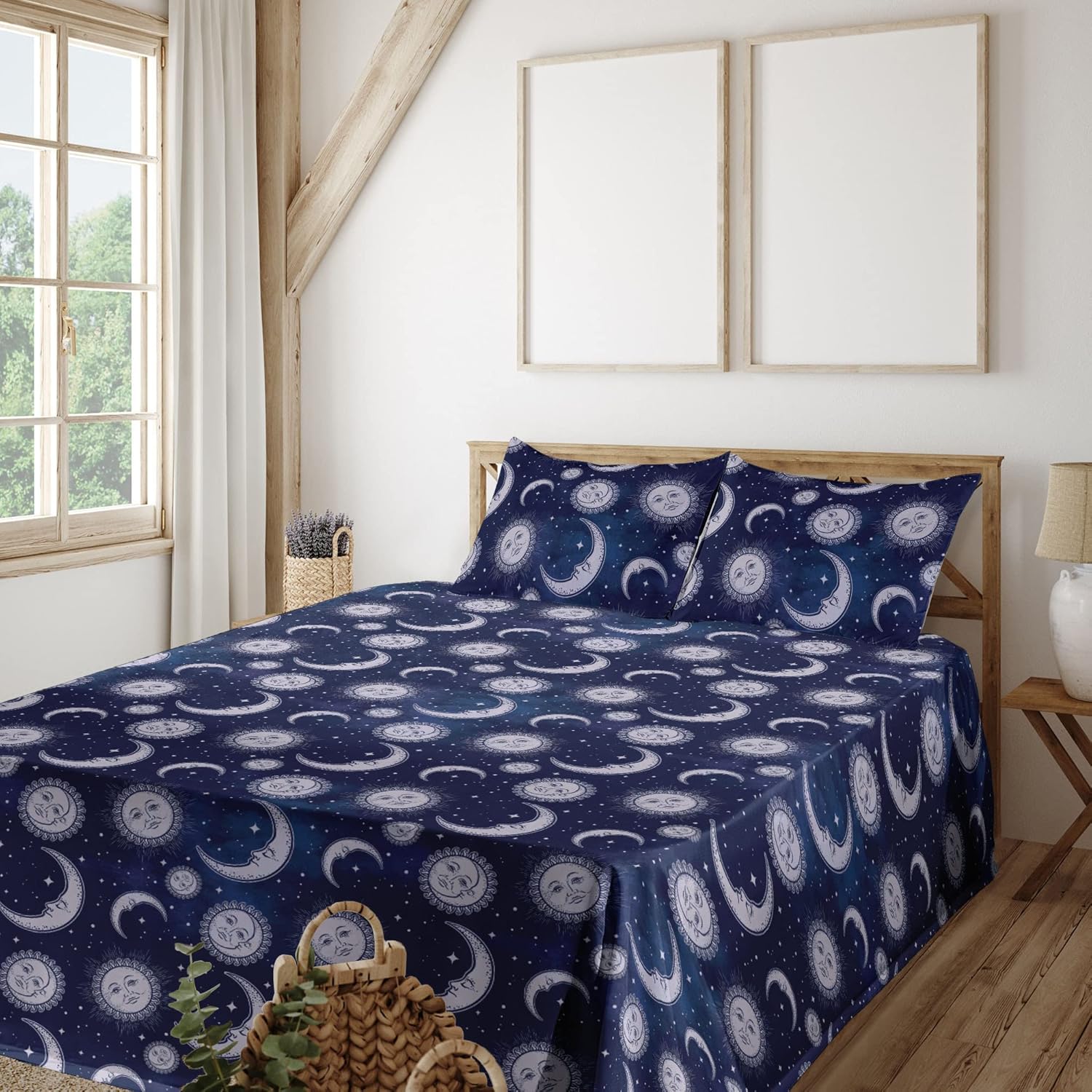 Ambesonne Boho Art Sheet Set, Astrology Inspired Sun and Moon Outer Space Galaxy Night Pattern, Fitted and Flat Sheet with Pillowcases Bedding