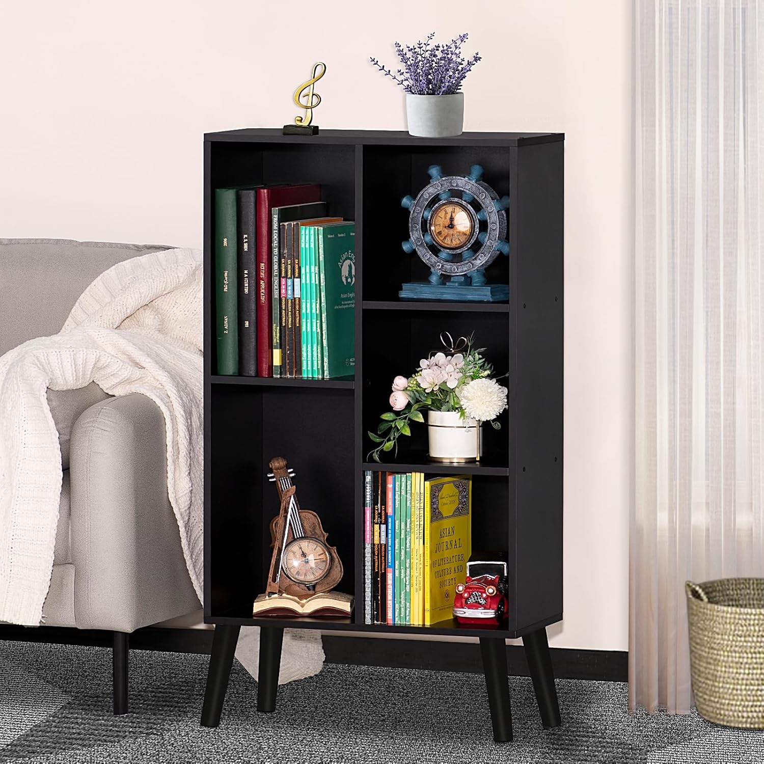 YAHARBO Small Black Narrow Bookshelf,3 Tier Modern Bookcase with Legs,Bookshelves Wood Storage Shelf,Rustic Book Shelves Cube Organizer,Display