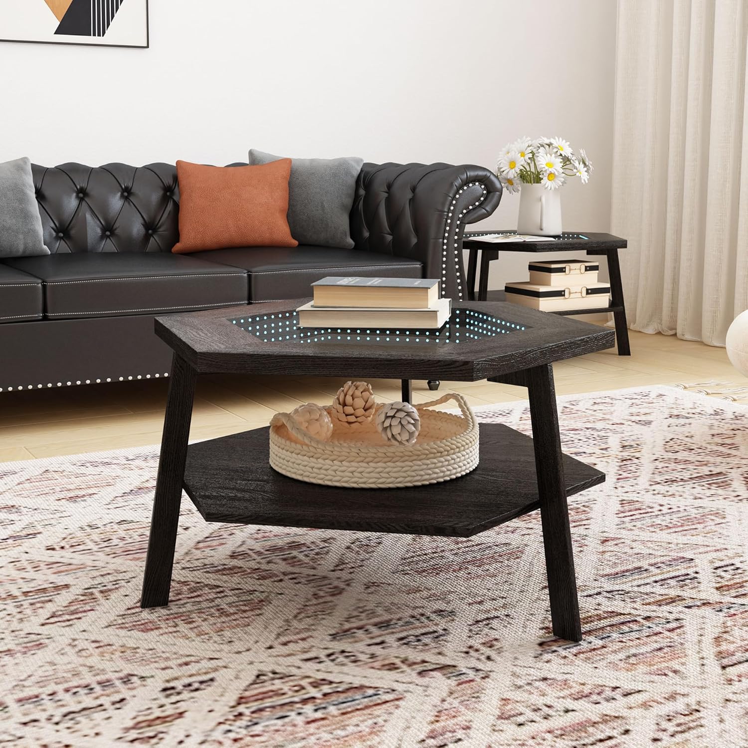 Mesa de centro moderna, mesa de centro hexagonal de 31.49 pulgadas, mesa de centro inteligente con sensor activado por voz, iluminación LED, luces