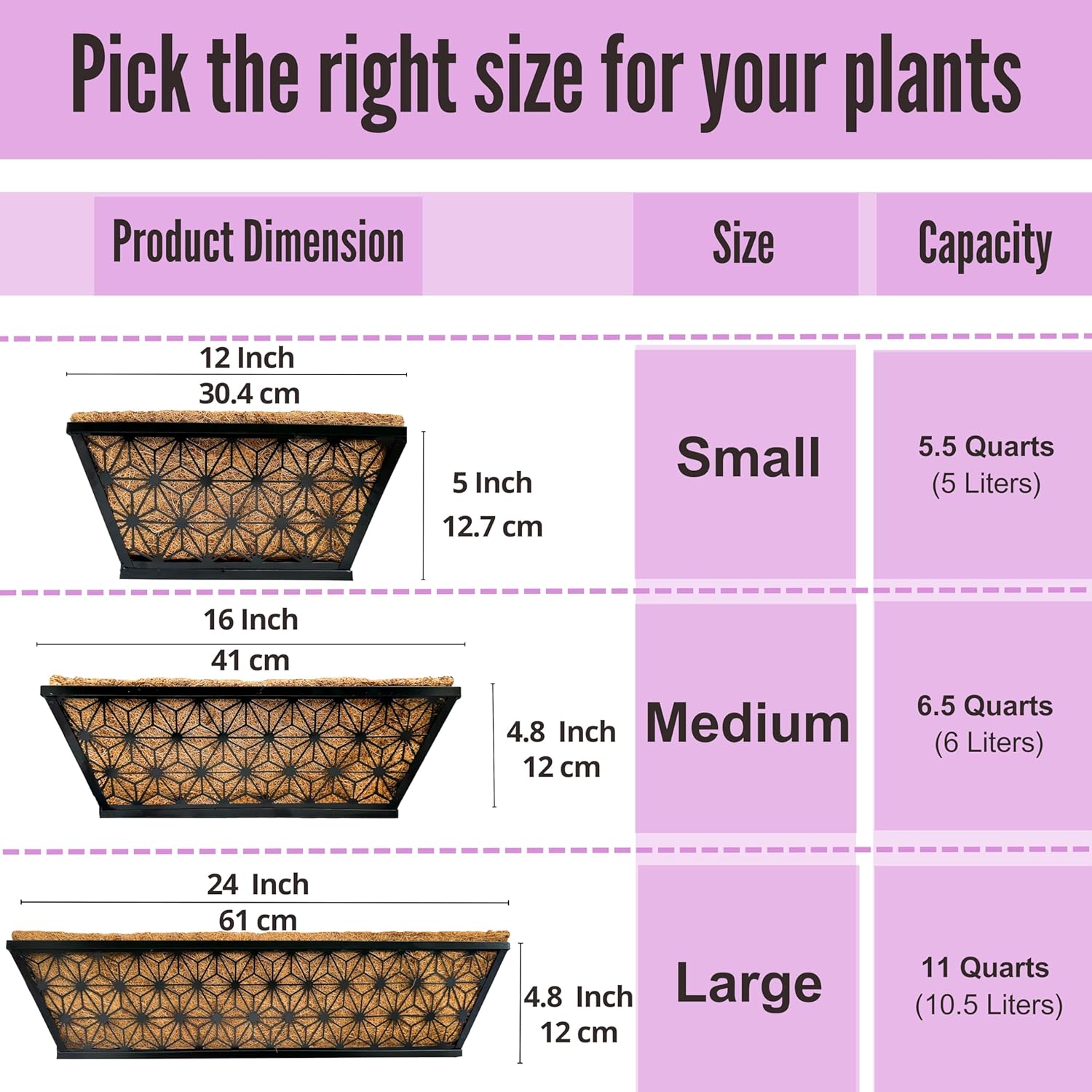 LaLaGreen – Macetas de ventana para plantas de exterior (paquete de 2, 12 pulgadas), macetas rectangulares pequeñas y lindas de metal negro con