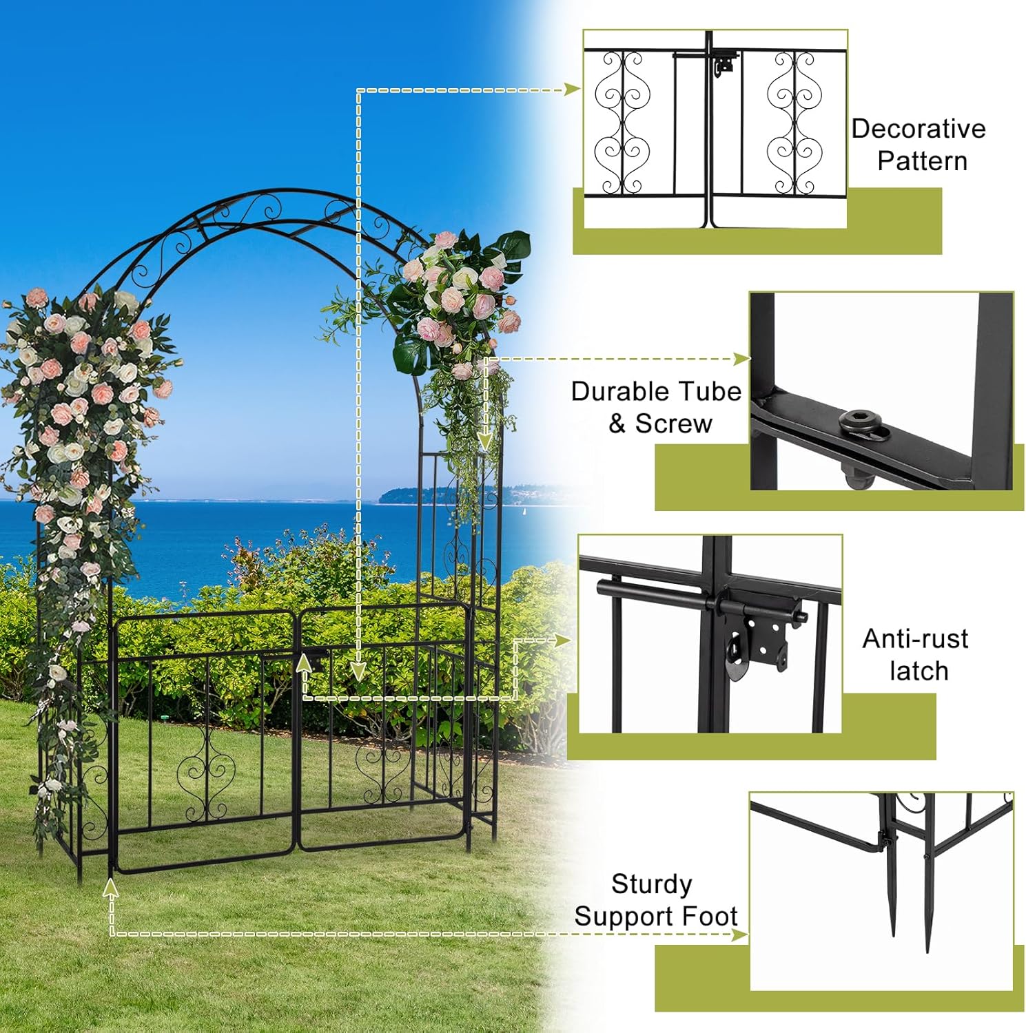 Outvita Cenador de arco de jardín de 7 pies con puerta de entrada, arco de cenador de metal resistente, marco decorativo enrejado con estacas de