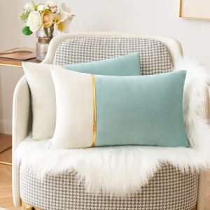 MIULEE Paquete de 2 fundas de almohada decorativas de terciopelo de retazos con cuero dorado, cuadradas, suaves y sólidas, fundas de almohada para MIULEE Paquete de 2 fundas de almohada decorativas de terciopelo de retazos con cuero dorado, cuadradas, suaves y sólidas, fundas de almohada para