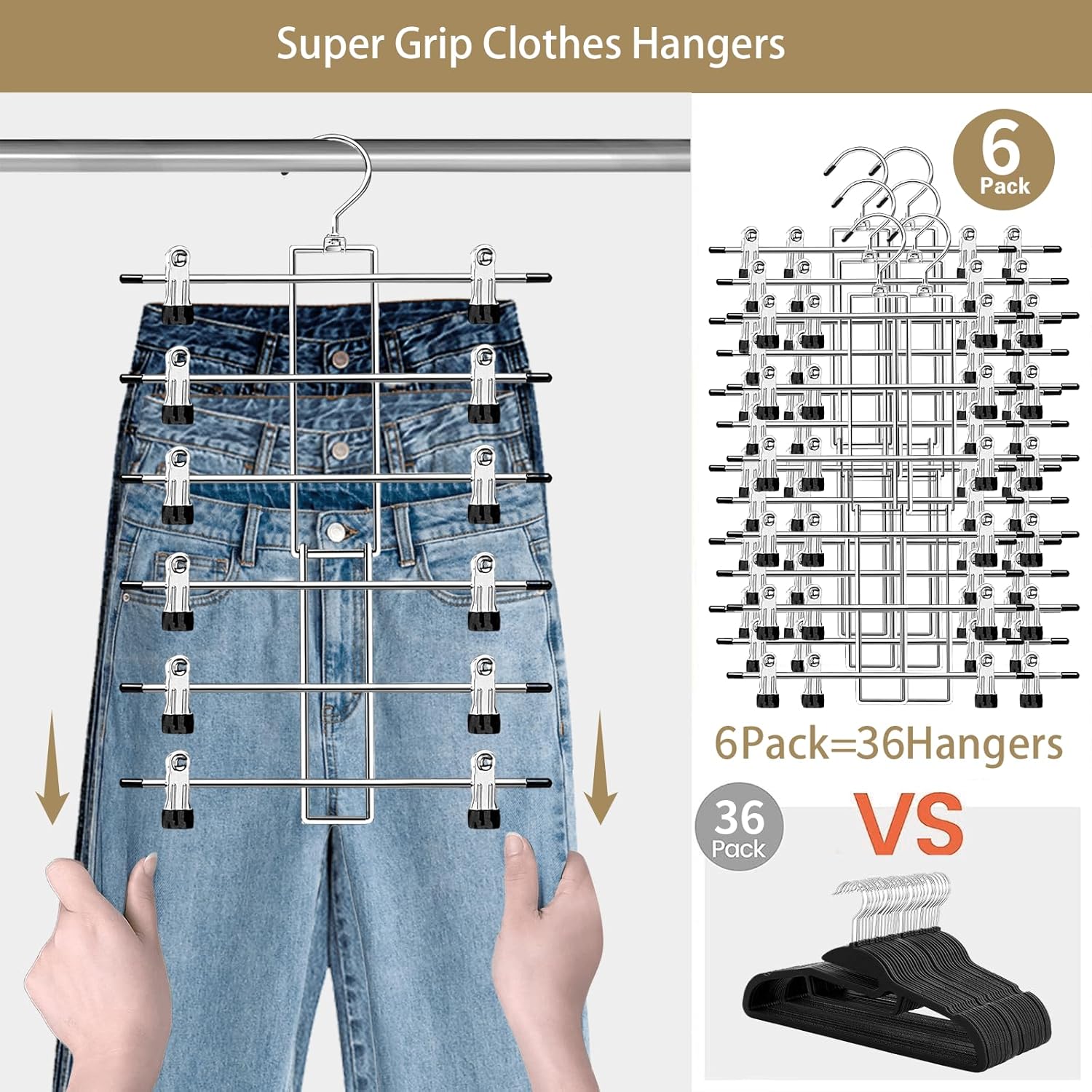 Perchas, perchas para pantalones, perchas de ropa de 6 niveles con gancho giratorio de 360, perchas que ahorran espacio con clips, organizador de