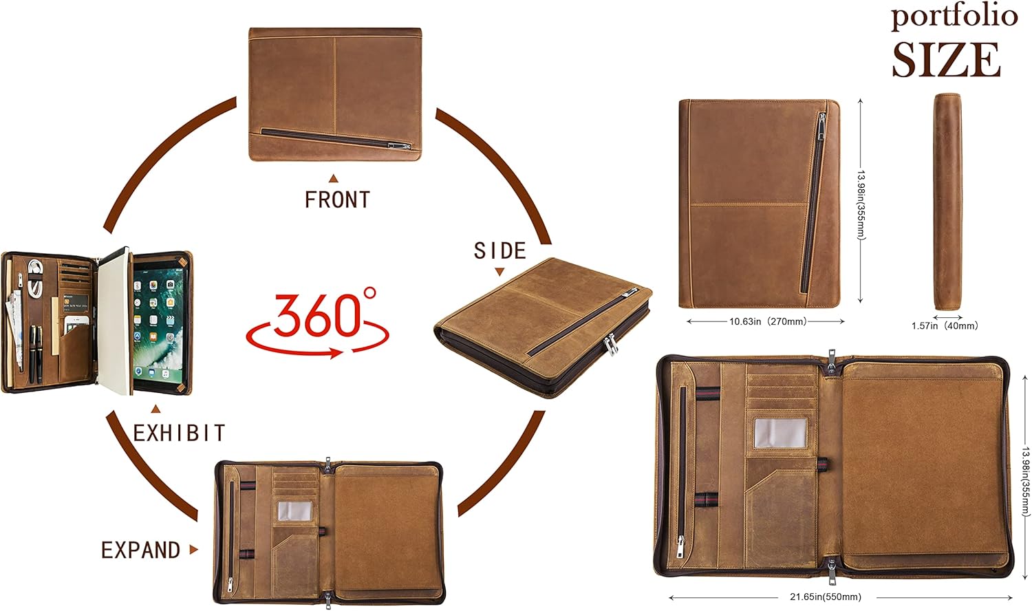 AZXCG Portafolio organizador de cuero para hombres, folio profesional con soporte para bloc de notas A4Legal, cartera con cremallera para currículum