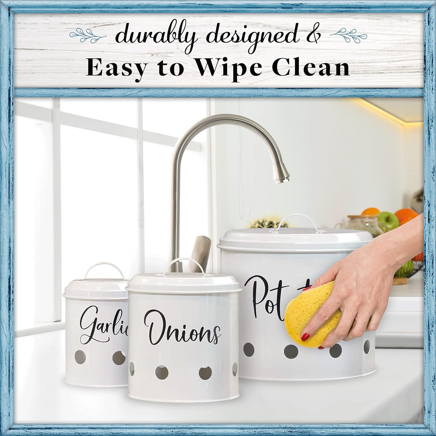 Home Acre Designs – Juego de 3 botes herméticos para papas, cebollas y ajo, contenedores rústicos artesanales para guardar las verduras, color blanco