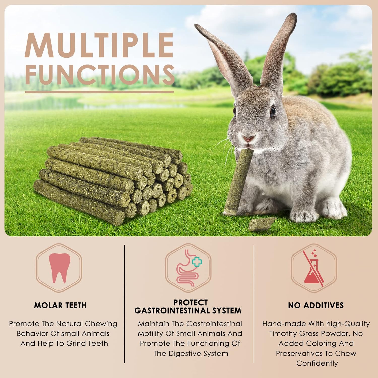 Bissap 114 palitos de heno Timothy para conejos, hierba de Timothy natural, dientes molares, juguetes masticables para conejos, chinchillas,