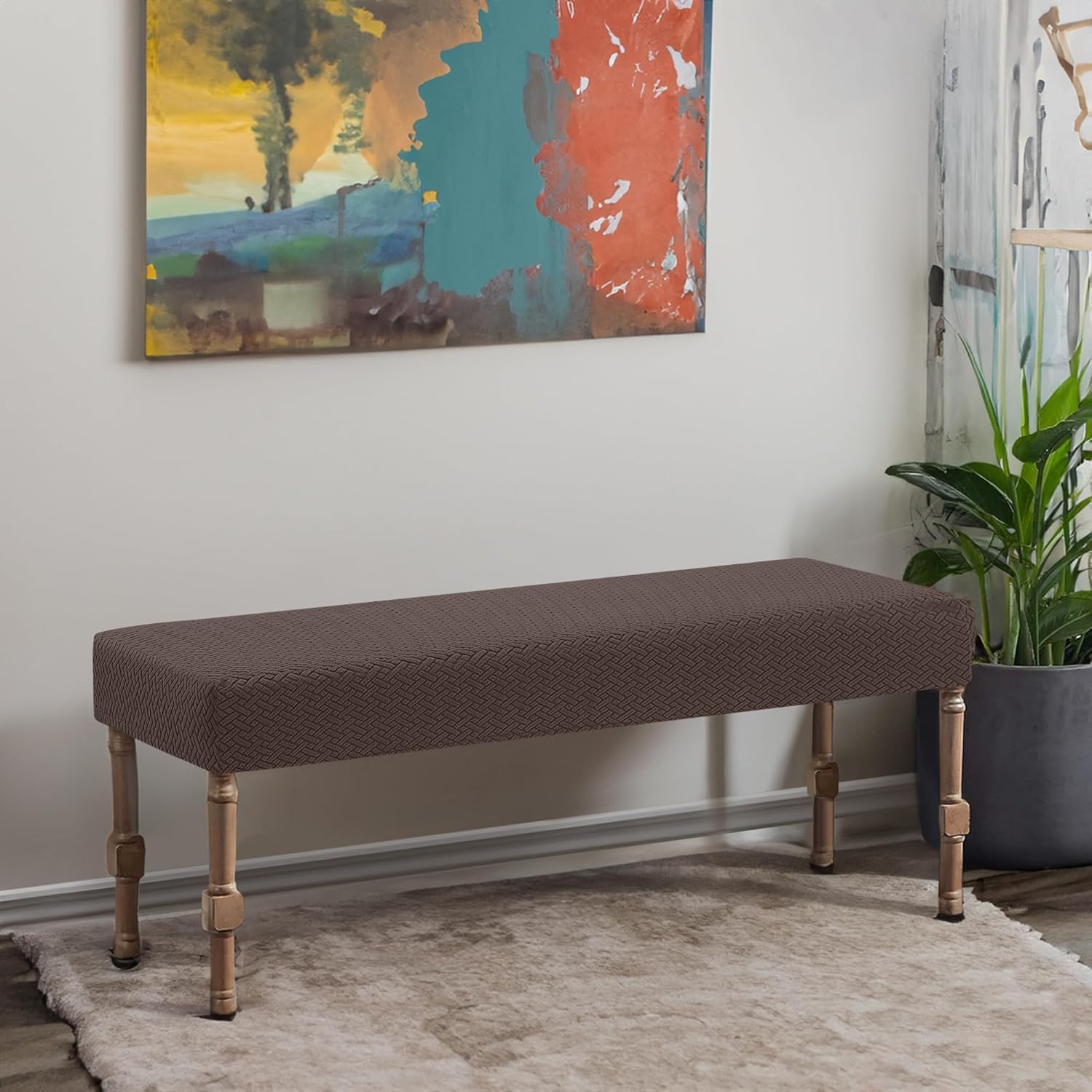 Funda de banco de jacquard elástica para comedor, antipolvo, extraíble, lavable, para sala de estar, dormitorio, cocina (47-59 pulgadas, marrón