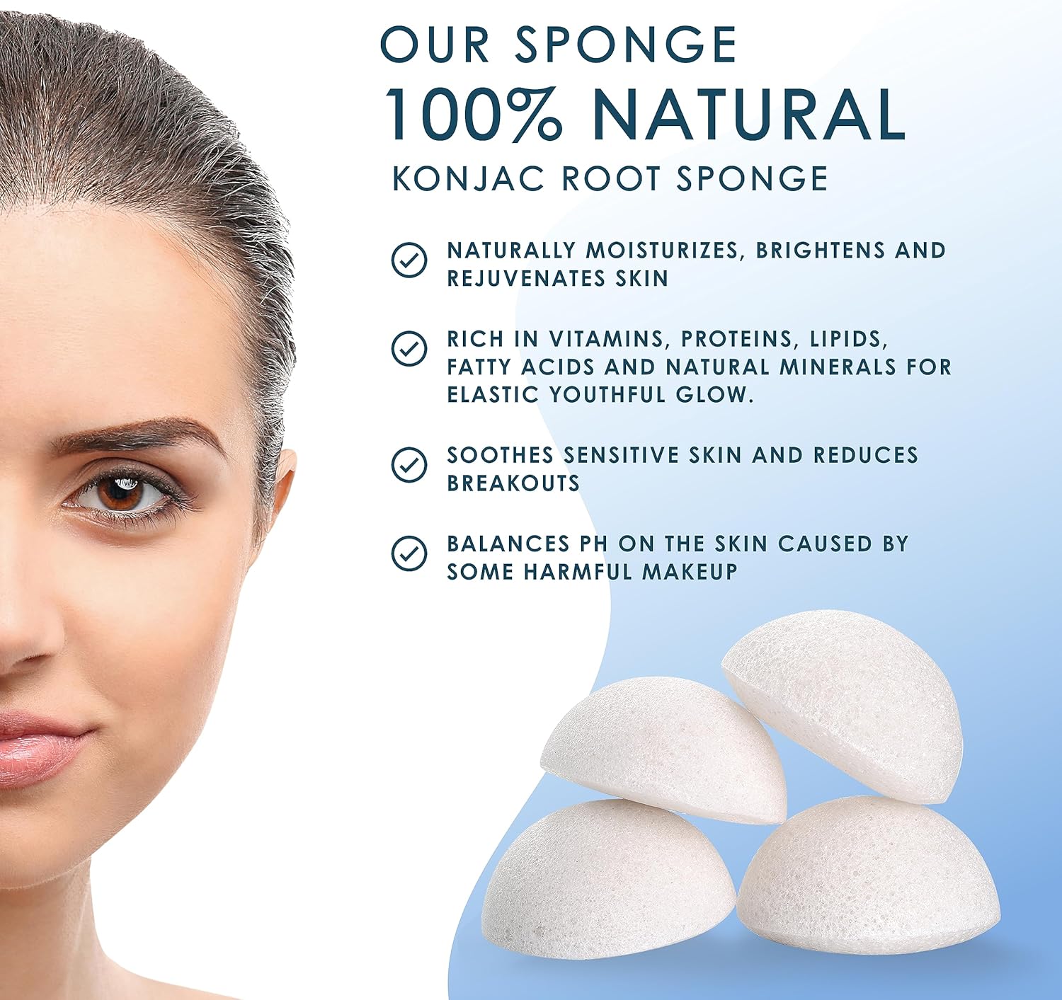 Konjac – Esponja facial (paquete de 4)  100% natural y libre de tintes  No tóxica  Biodegradable  Ecológica  Embalaje sin plástico