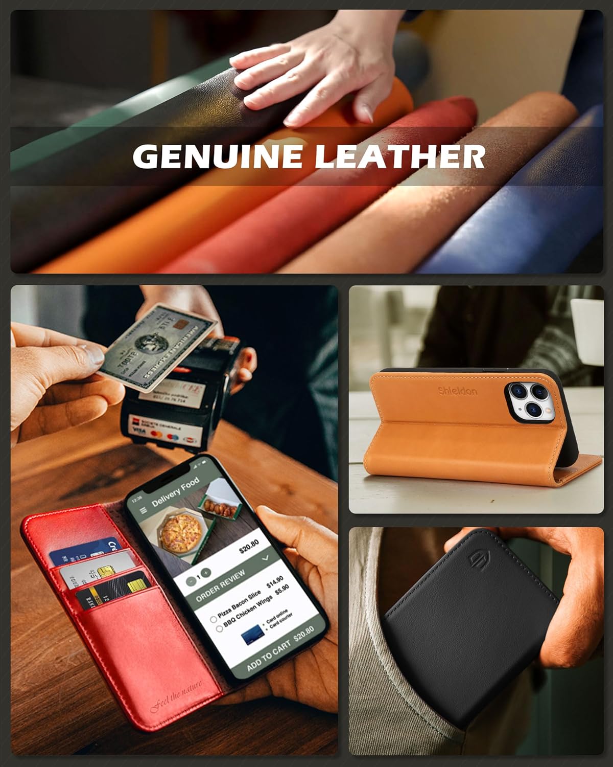 SHIELDON Funda para iPhone 11 Pro, de piel auténtica, con función de encendido y apagado automático, bloqueo RFID, ranuras para tarjetas, función
