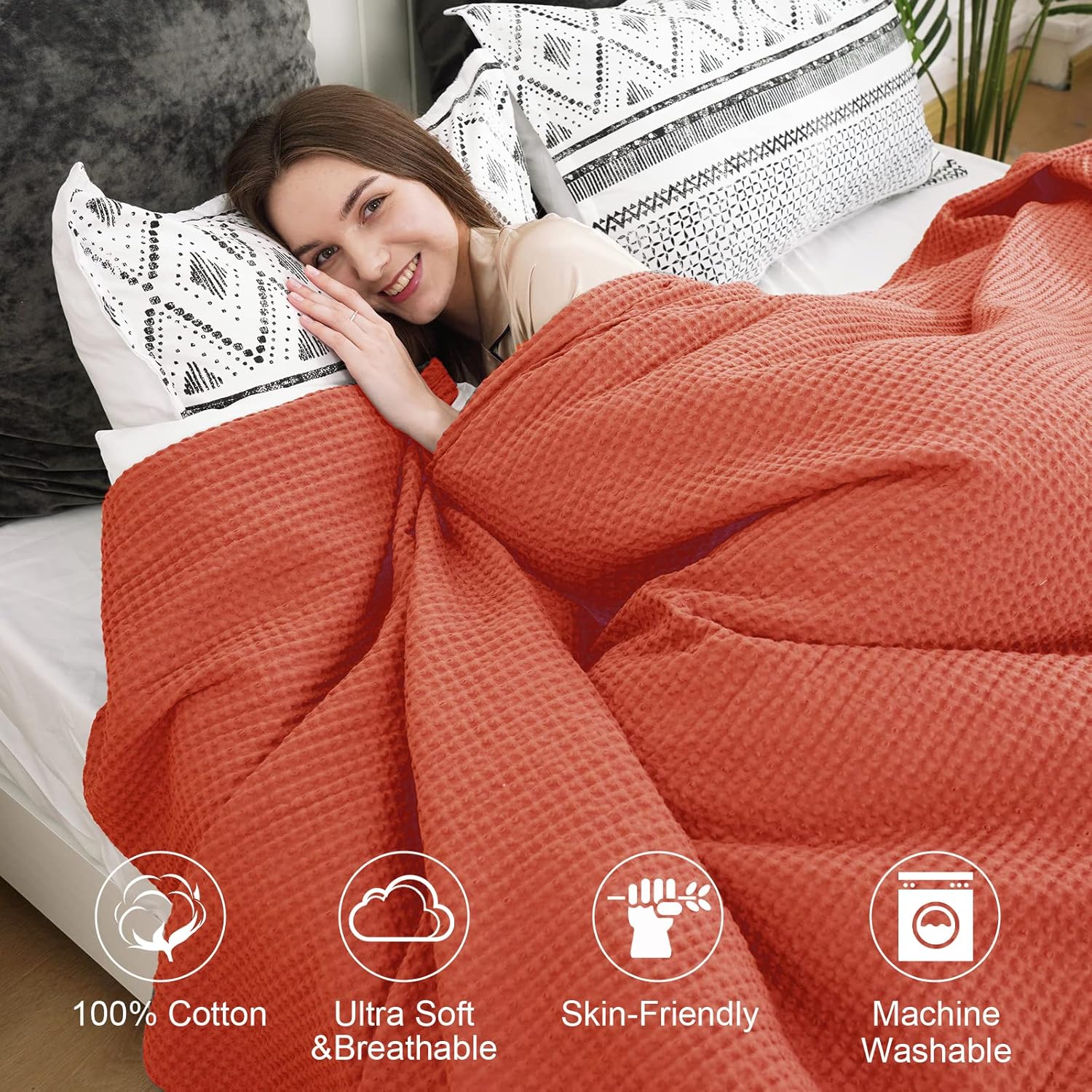 PHF – Manta 100% algodón tejido gofre tamaño Queen 90 x 90 pulgadas, manta suave y transpirable prelavada, para todas las estaciones, capa perfecta
