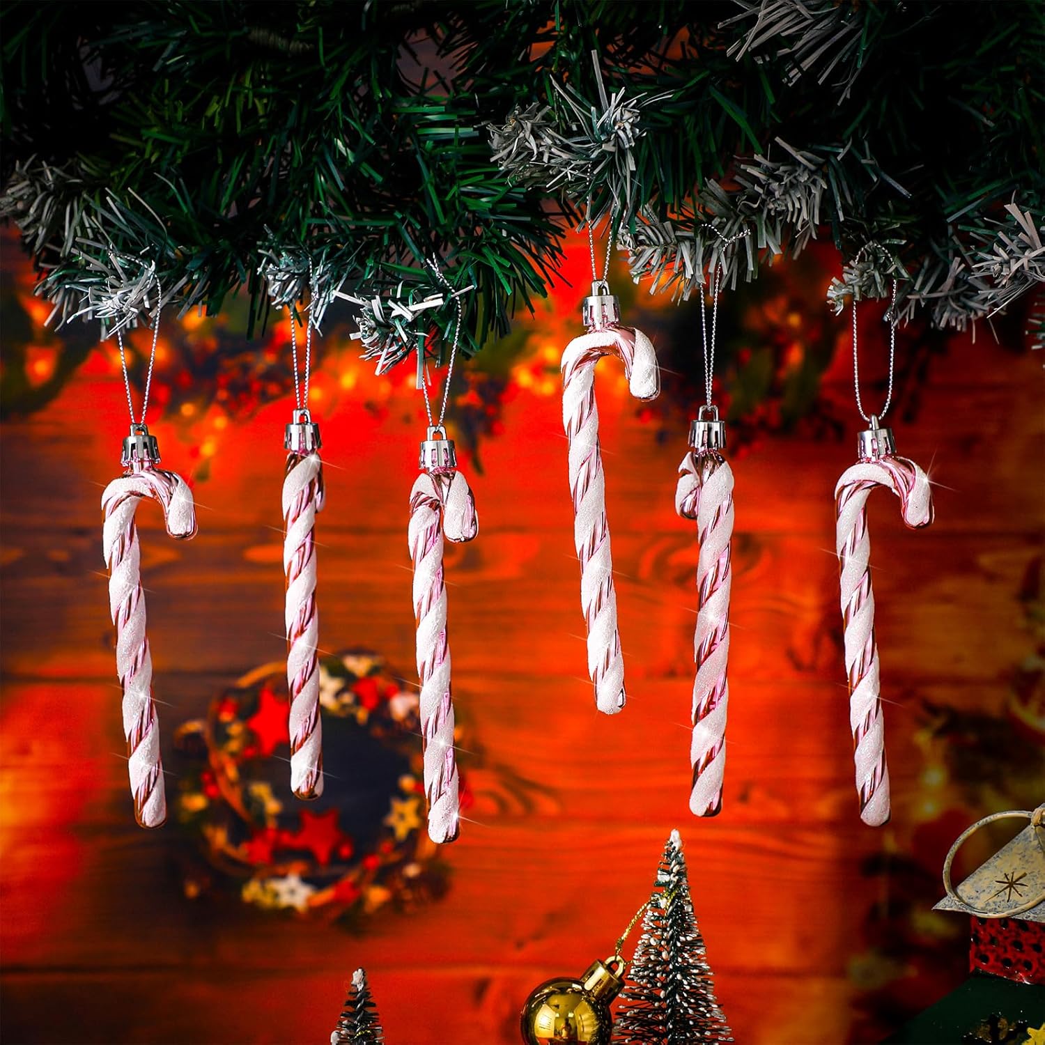 Sotiff Bastones de caramelo de Navidad, adornos de plástico con purpurina, bastón de caramelo para árbol de Navidad, decoraciones colgantes para