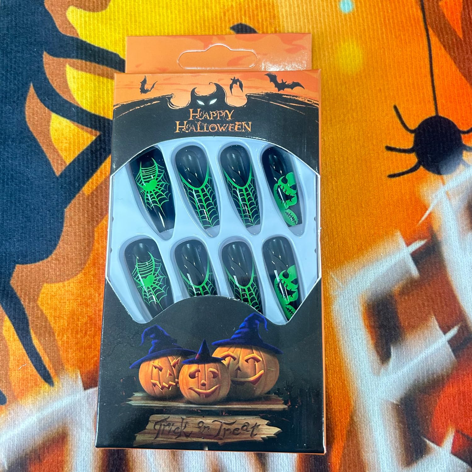 Uñas a presión de Halloween, medianas con diseño de telaraña de monstruo verde, uñas acrílicas artificiales de cobertura completa, uñas de ataúd
