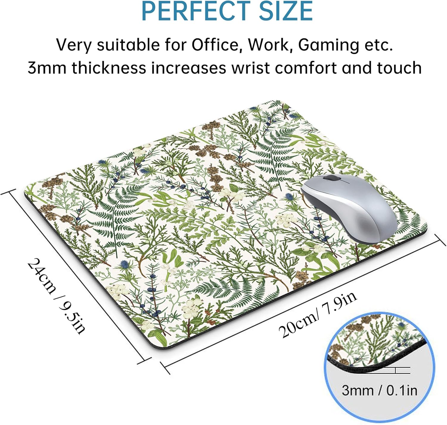 Alfombrilla de mouse floral verde, alfombrilla de mouse cuadrada con plantas botánicas vintage, lindas, lavables, de naturaleza, estética, hierba,