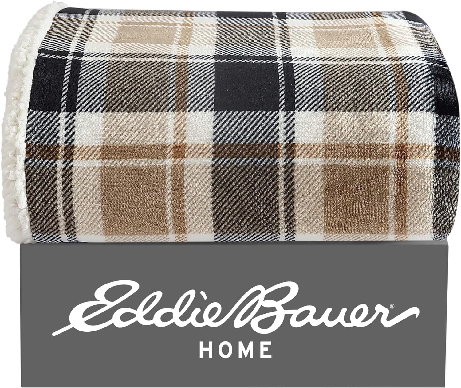 Eddie Bauer Manta reversible de vellón sherpa, ropa de cama y decoración del hogar, para todas las estaciones, (Rugged Plaid Beige), beige a cuadros