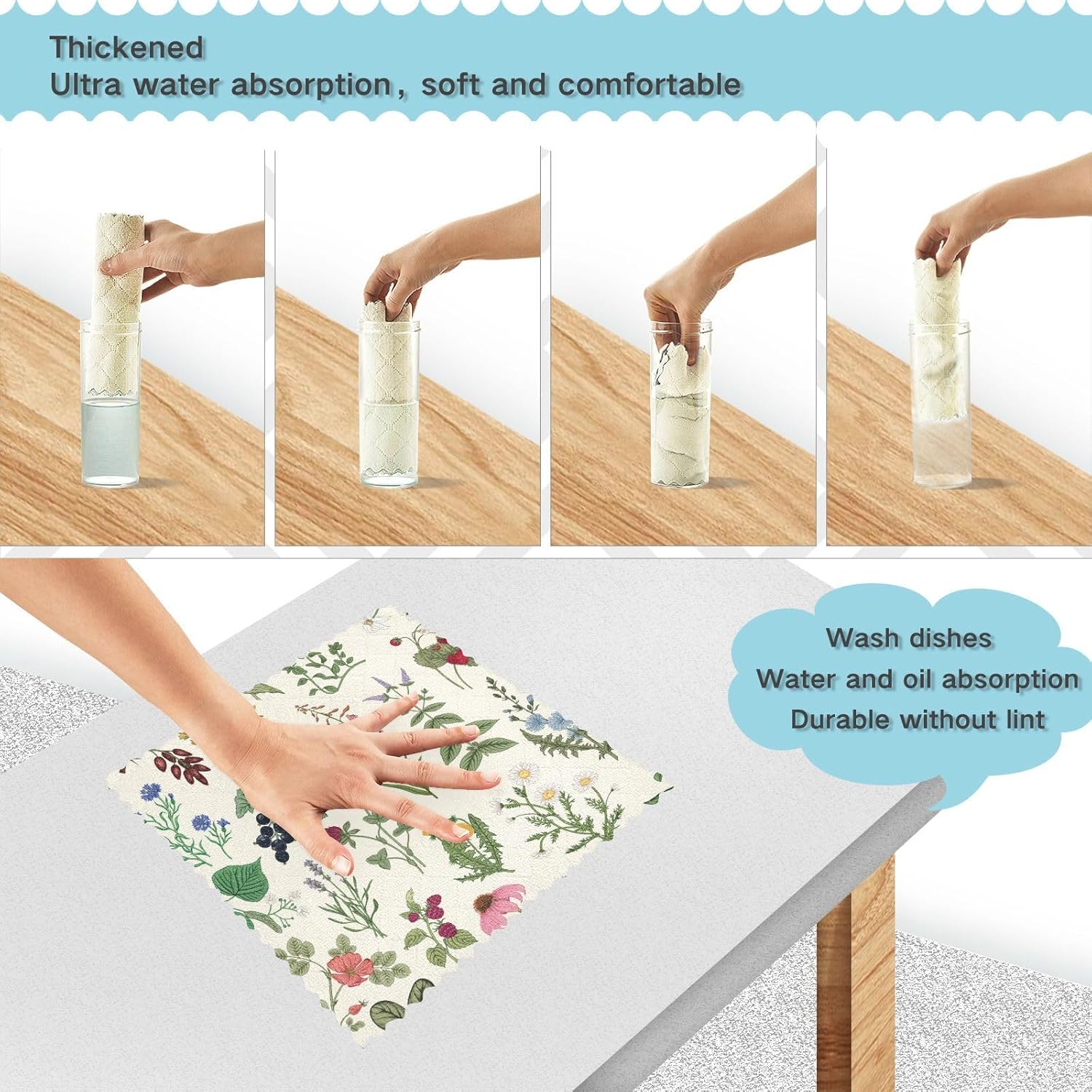 Wild Herbs Plant Fruit Flower Cotton Decorative Microfiber Towel for Kitchen Fast Drying Set of 6 Tea Cup Kitchen Towels for Restaurant Sink