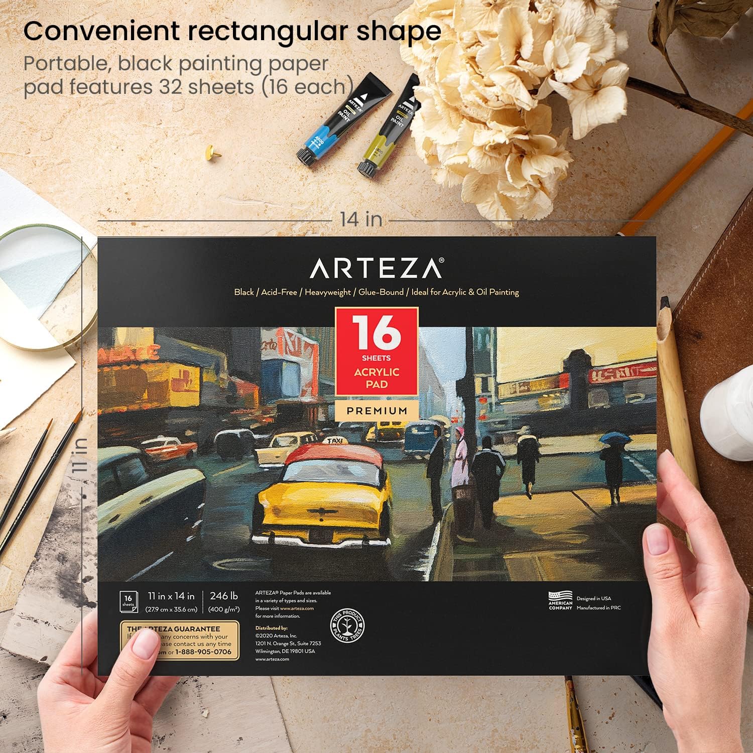 Arteza Bloc acrílico, paquete de 2, negro, 6 x 6 pulgadas, papel de 246 libras, 16 hojas cada una, suministros de arte para pintura acrílica,