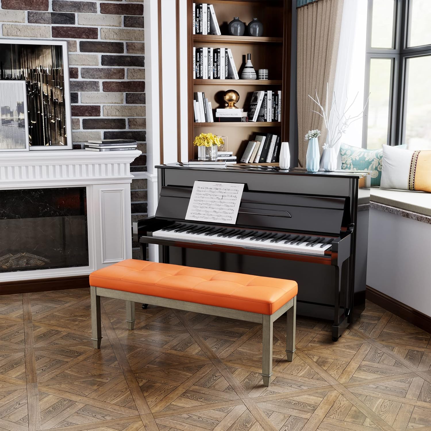 Banco vintage con asiento acolchado y patas de madera de álamo, banco de entrada tapizado de cuero copetudo de 45.3 pulgadas y banco de comedor,