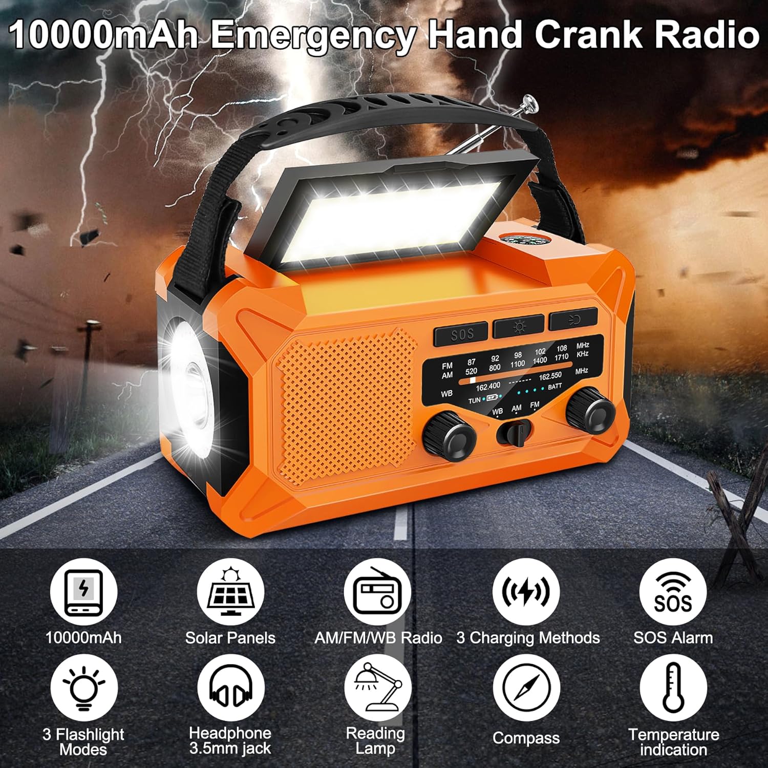 Radio meteorológica de emergencia de 10000 mAh con carga solar, manivela y carga tipo C, radio portátil AMFMNOAA, linterna LED, brújula de lámpara