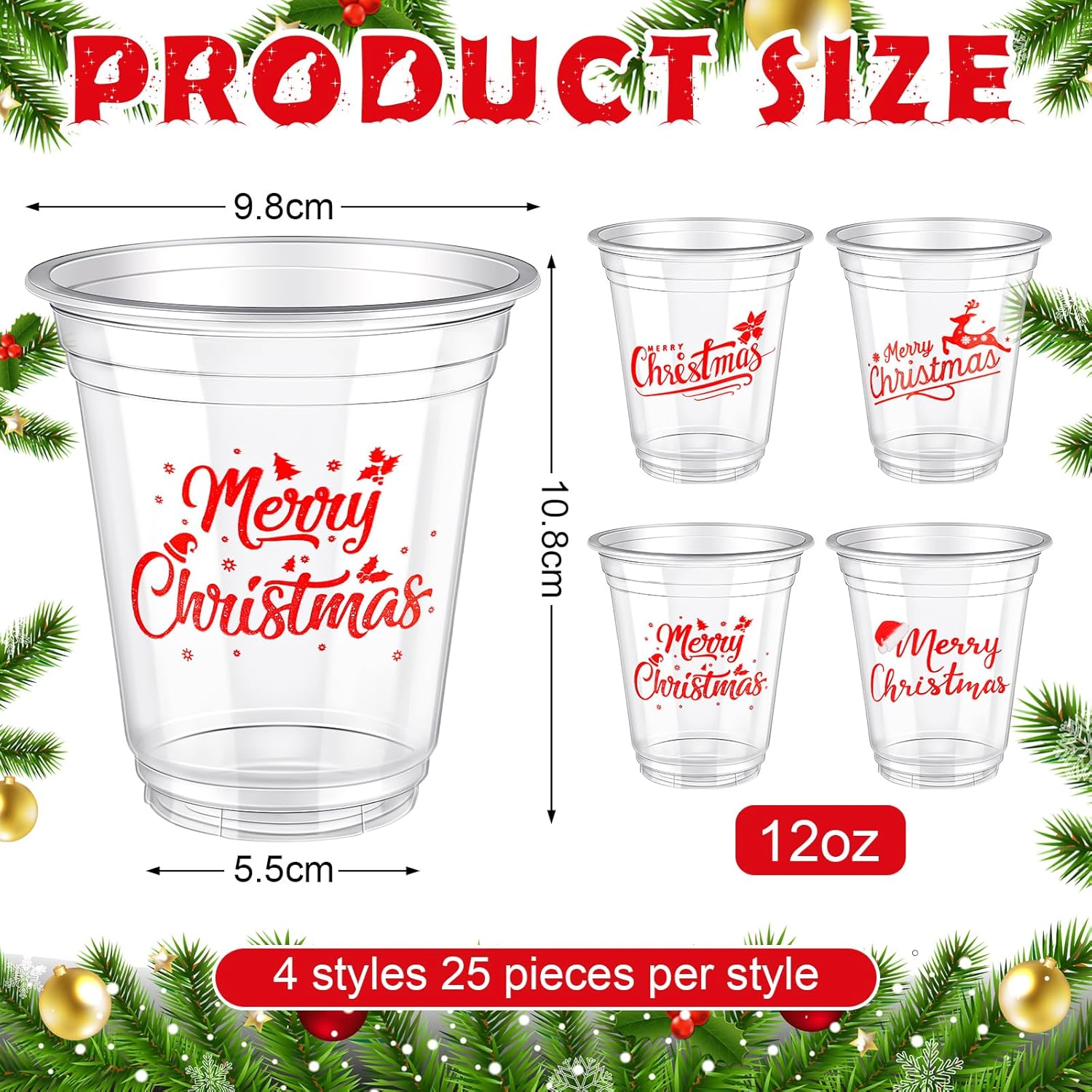 Dandat 100 vasos de Navidad de 12 onzas, vasos de plástico de Navidad, vasos desechables de Navidad, vasos desechables de Navidad, vasos de
