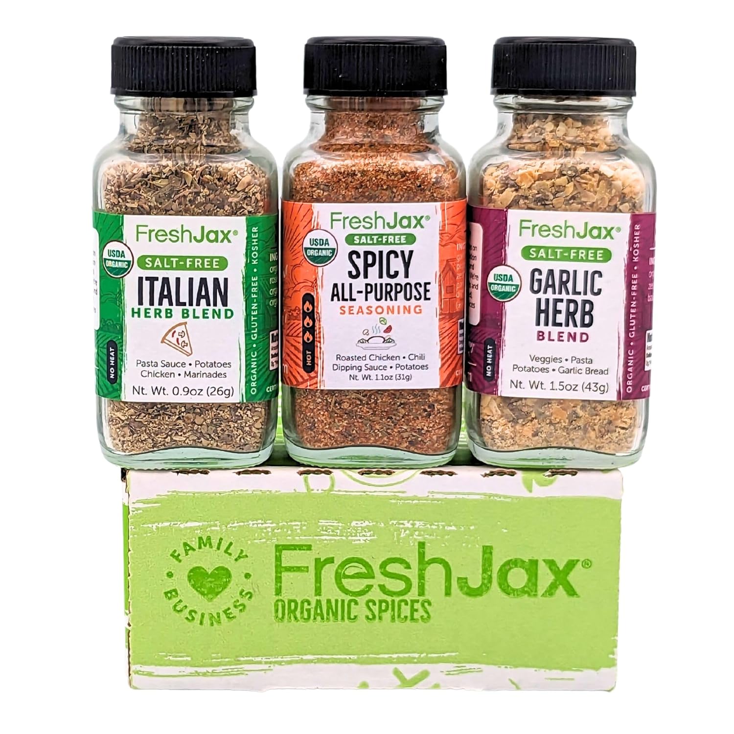 FreshJax Paquete de muestra de condimentos sin sal  3 mezclas picante para todo propósito, hierba italiana y gralic  Hecho a mano en Jacksonville,