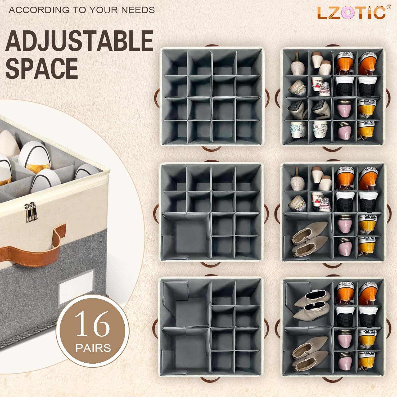 Organizador de zapatos para armario, contenedores de almacenamiento ajustables para zapatos, grandes contenedores plegables de almacenamiento de