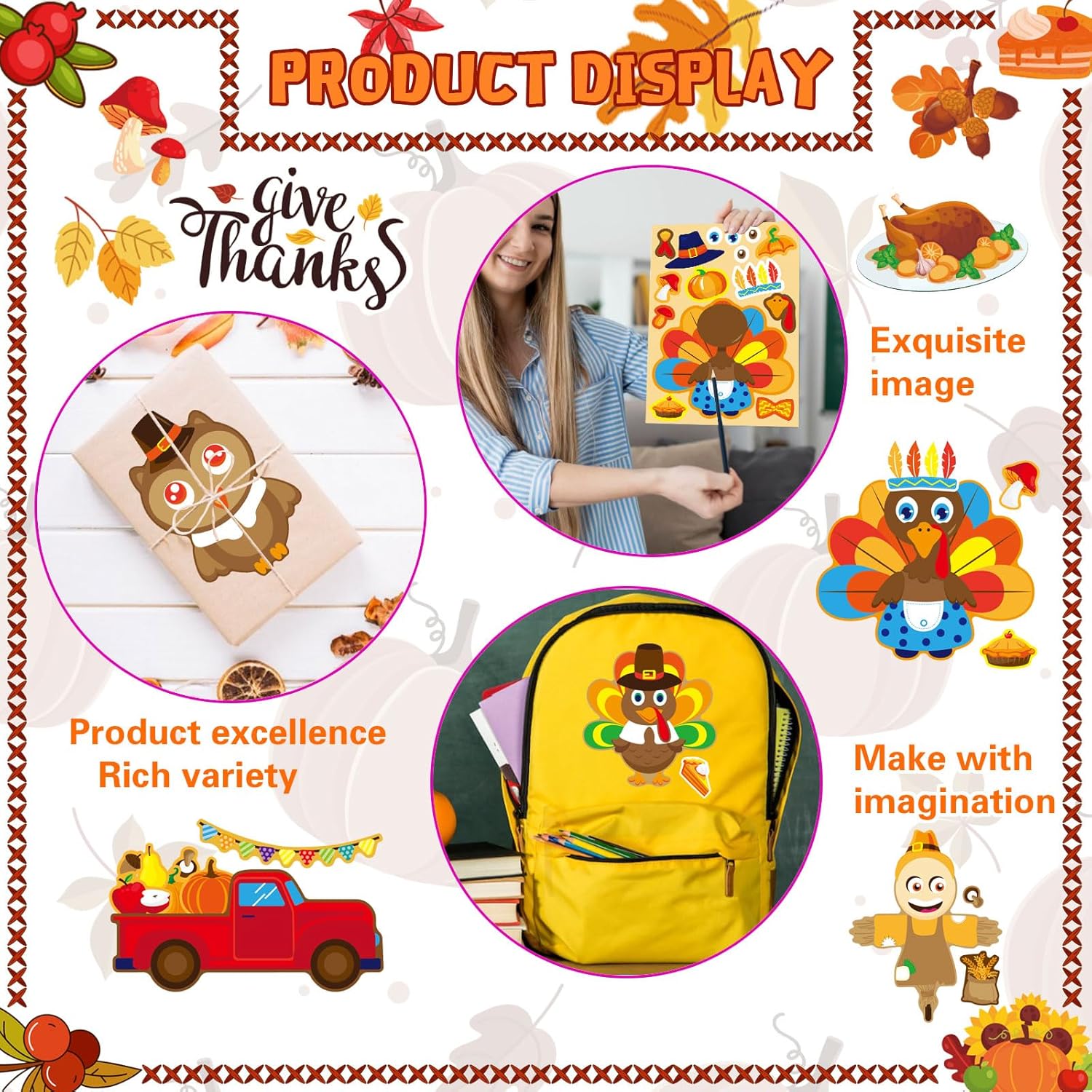 Calcomanías de Acción de Gracias para niños, 40 hojas de calcomanías de cara de pavo, regalos de fiesta de Acción de Gracias, suministros de juegos