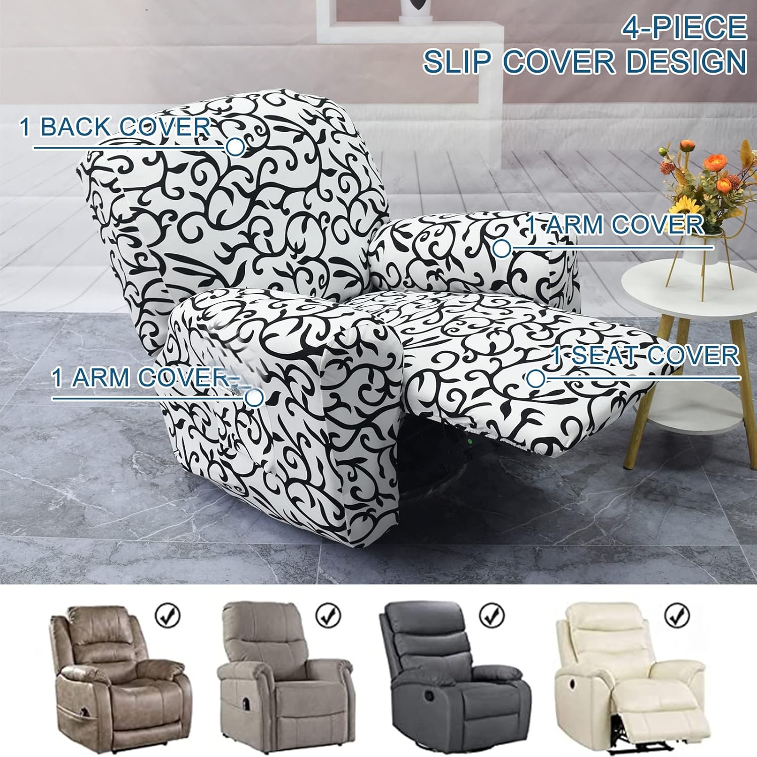 Eco-Ancheng Fundas reclinables de 4 piezas, fundas para sillas reclinables, fundas elásticas para sofá reclinable, fundas ajustables antideslizantes