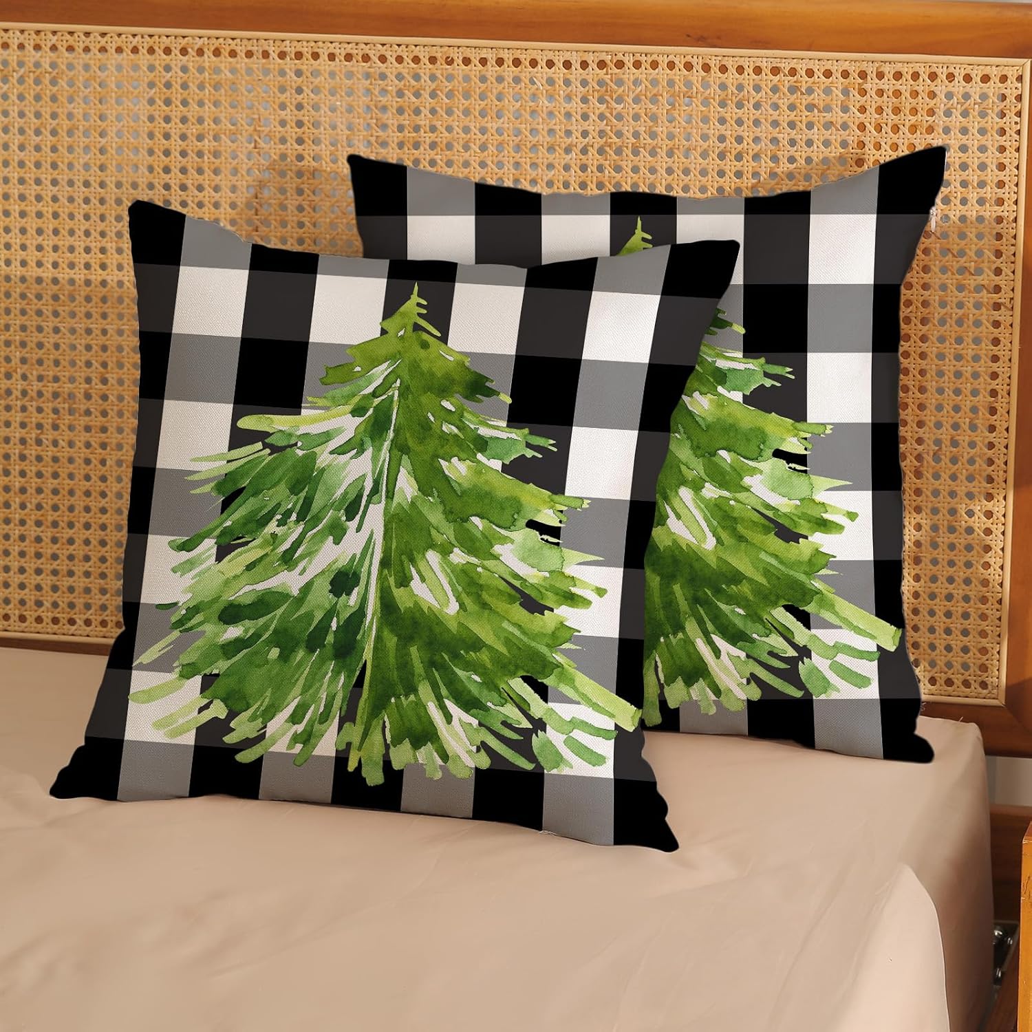 Juego de 2 fundas de almohada de Navidad de 18 x 18 pulgadas, color negro, blanco, gris, a cuadros, verde, decoración de Navidad, funda de cojín de