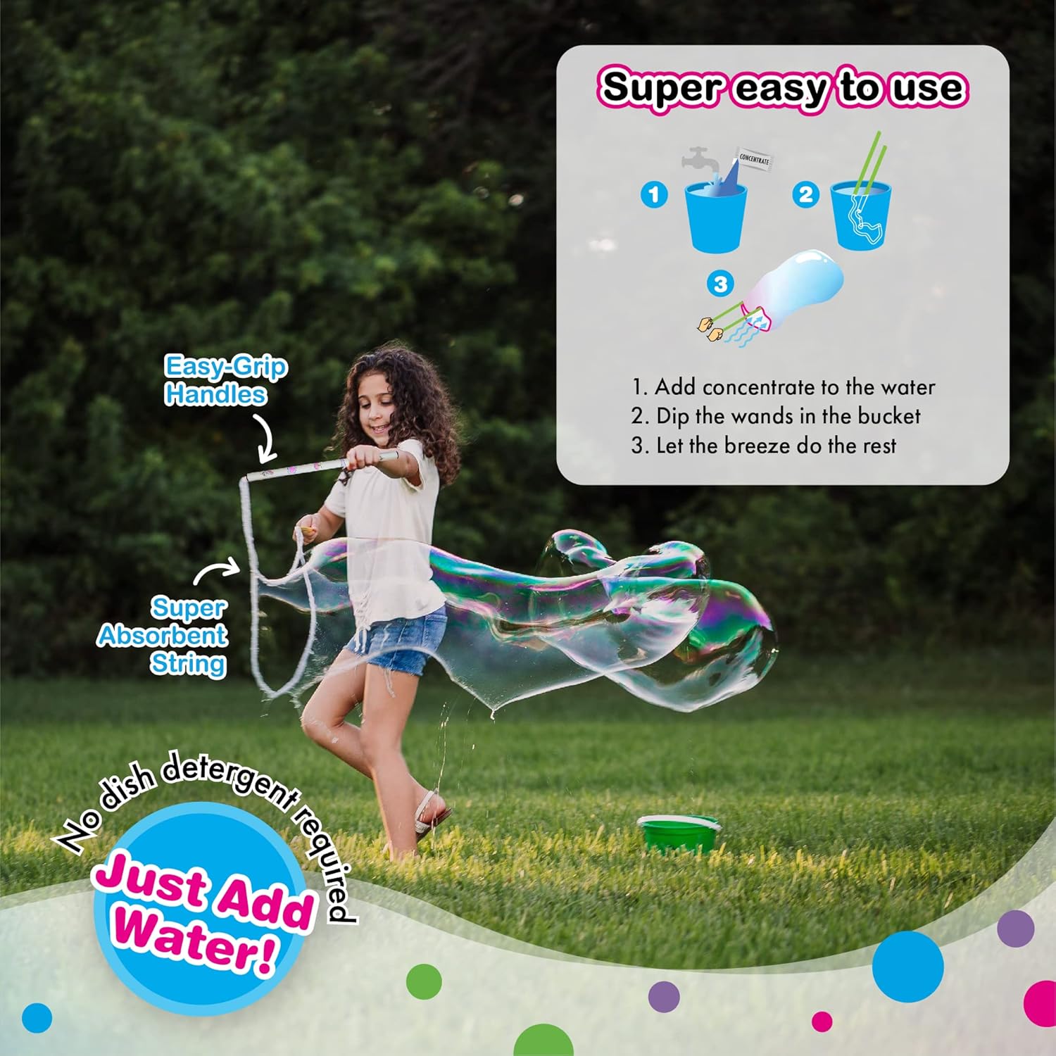 WOWMAZING – Kit de burbujas gigantes Unicornio, incluye varita, 2 bolsas de concentrado de burbujas grandes y 8 calcomanías mágicas activadas por