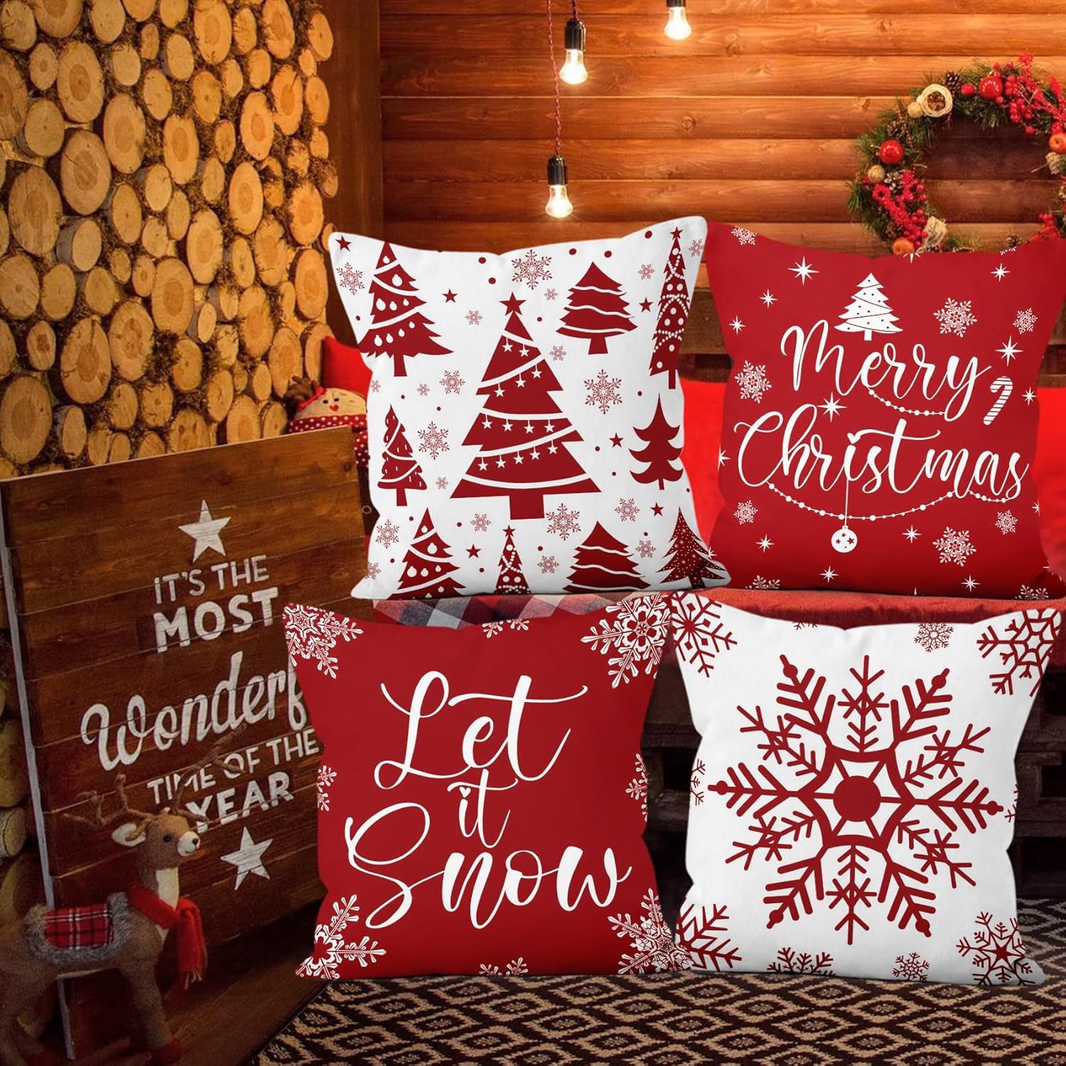 Juego de 4 fundas de almohada rojas de Navidad de 18 x 18 pulgadas, decoraciones navideñas con copos de nieve, fundas de almohada de árbol de