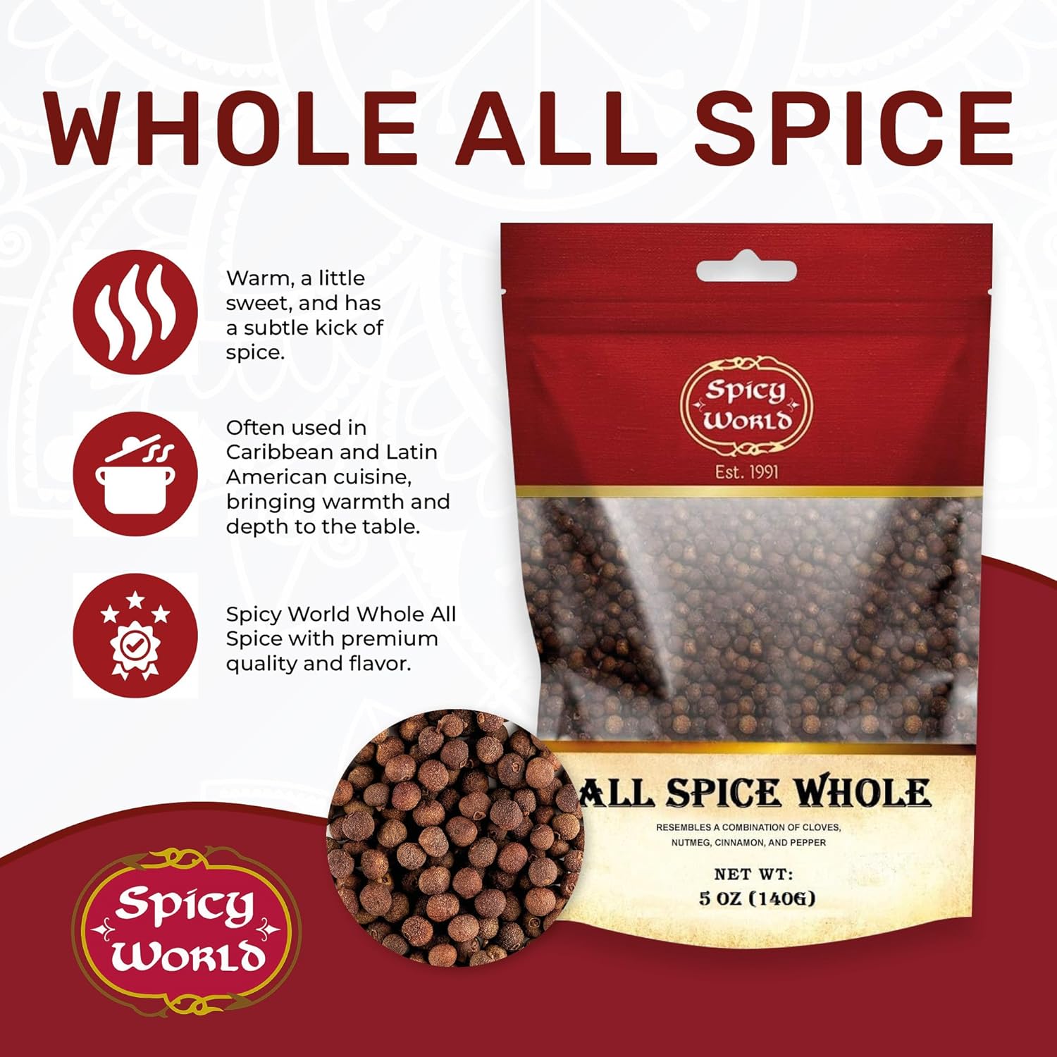Spicy World – Bolsa de bayas enteras de pimienta de Jamaica de 5 onzas  All Spice Pimento Jamaica Pepper para cocinar y condimentar  Baya versátil