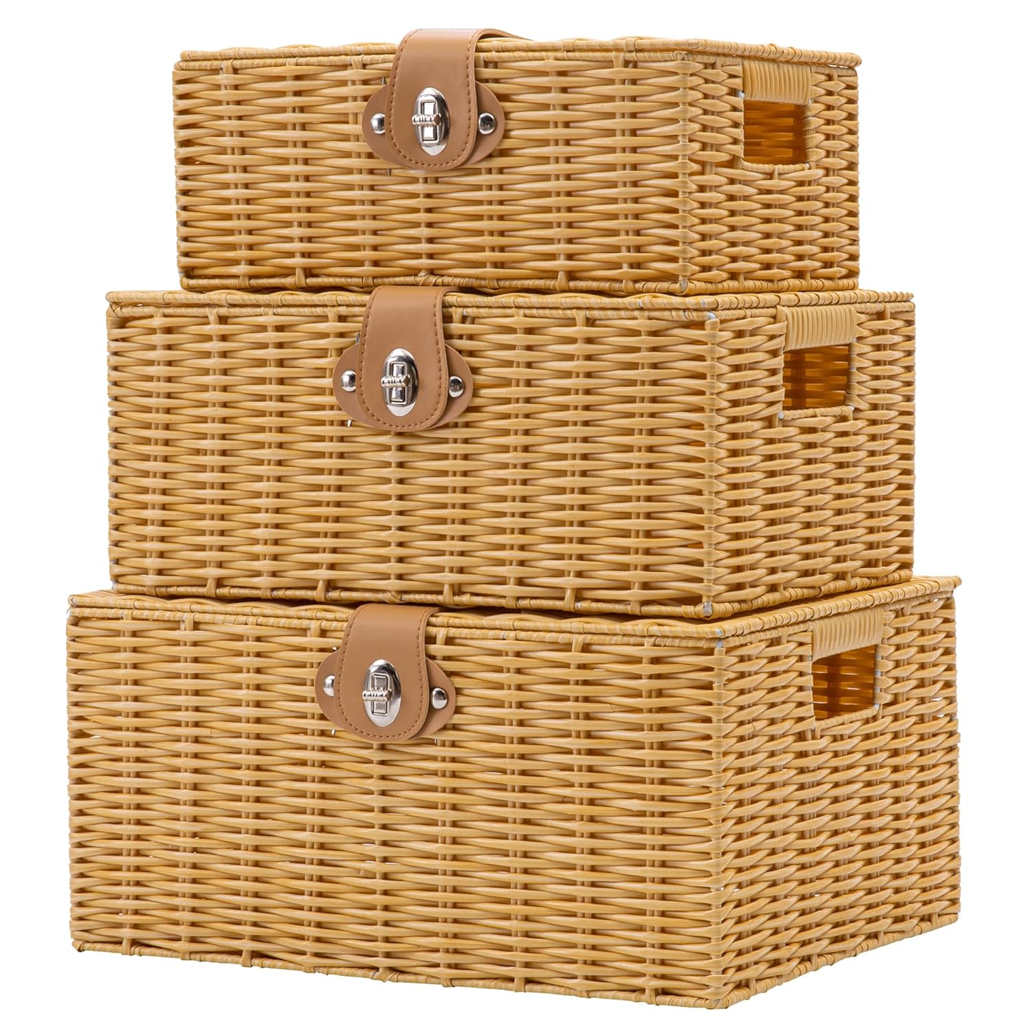 Homepeaz Cestas de almacenamiento de mimbre con tapas, juego de 3 cajas de almacenamiento decorativas para organizar, cestas tejidas con cerradura