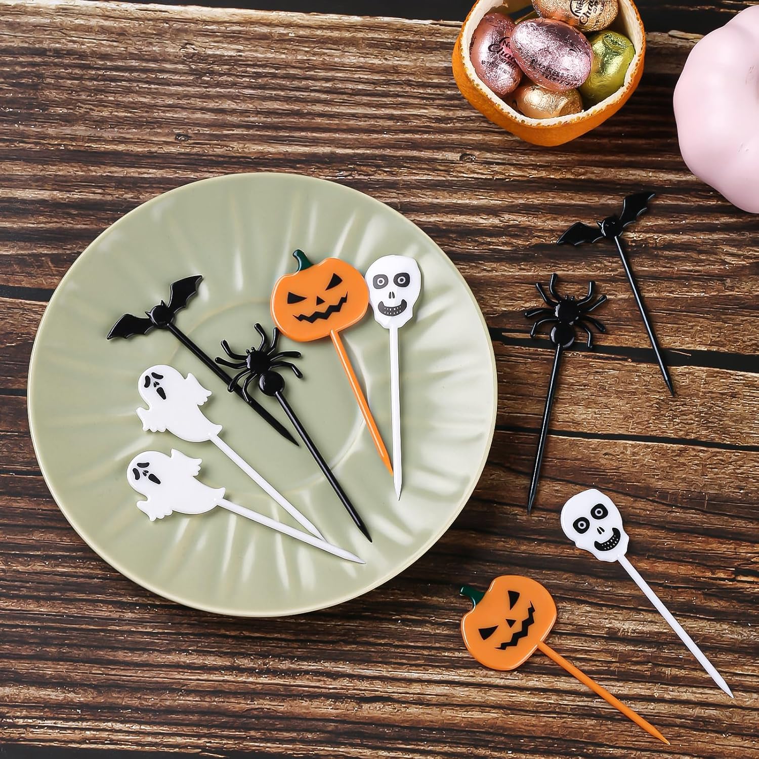 100 palillos de dientes de plástico para Halloween, decoración de cupcakes, decoración de tartas, para aperitivos de frutas, suministros de fiesta