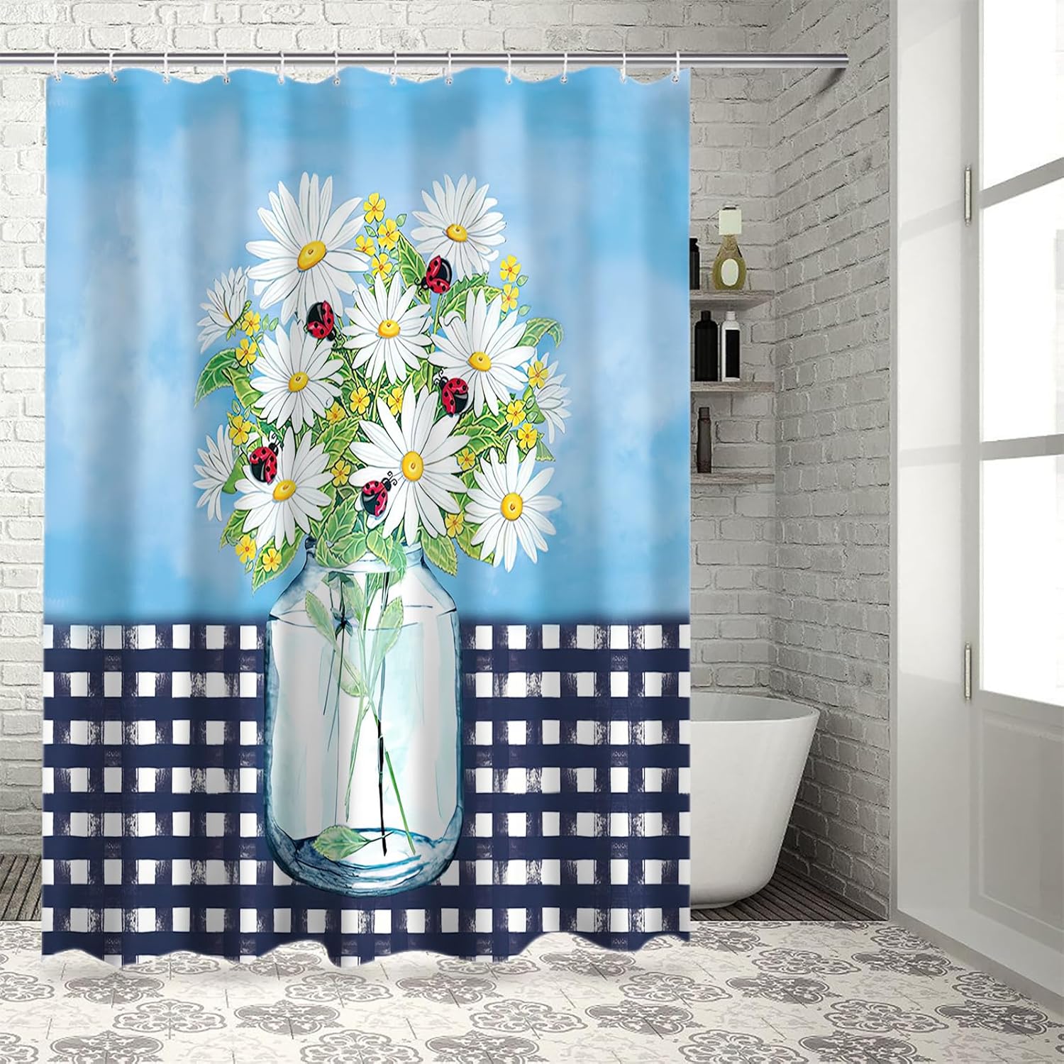 Juego de cortinas de ducha impermeables con 12 ganchos, margaritas blancas y negras a cuadros azul cielo 72 x 72 pulgadas, cortina de ducha para