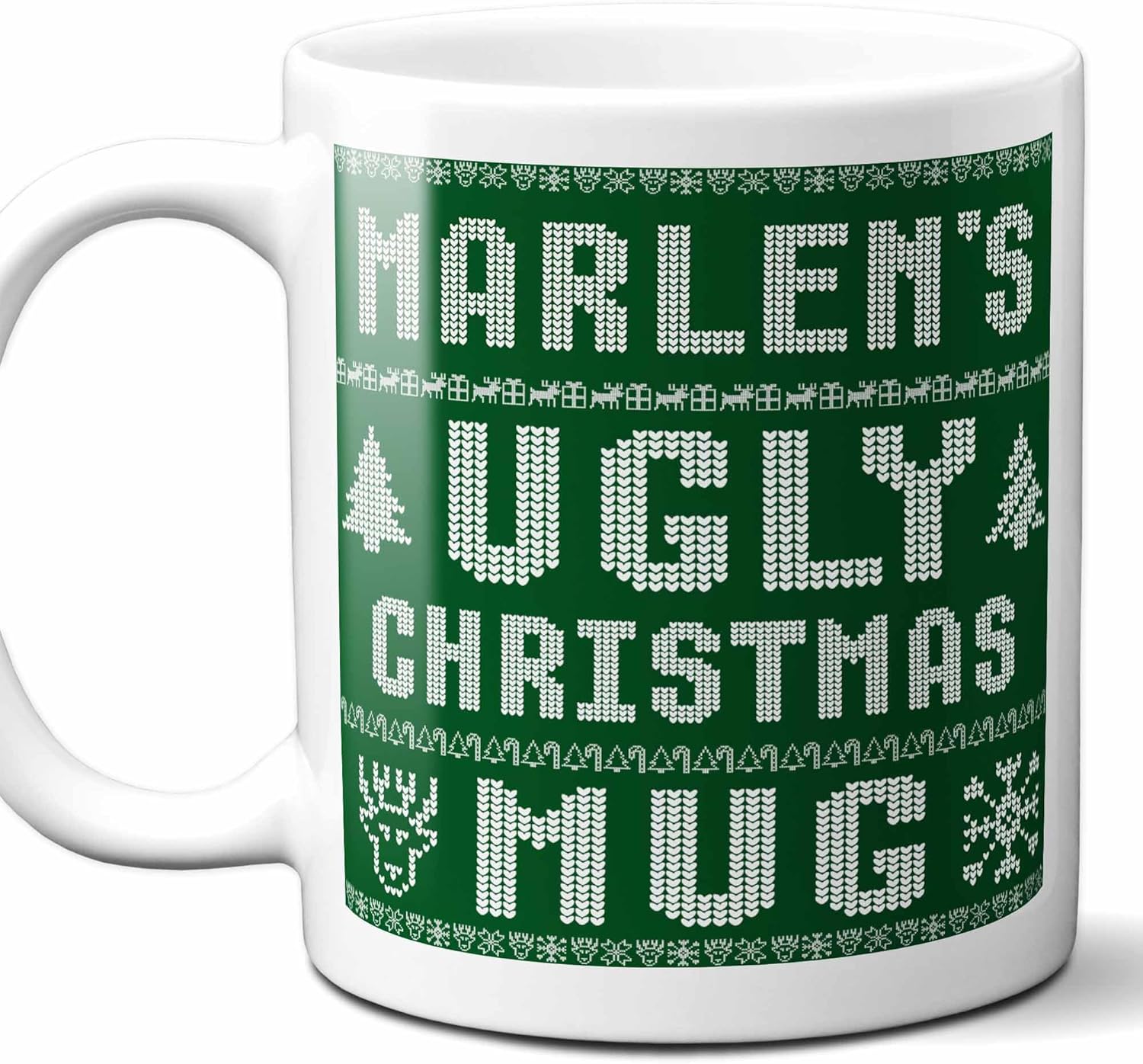 Regalo de Navidad con nombre Marlen. Taza de café con suéter de Navidad feo personalizado. Divertido regalo de Navidad personalizado, relleno de