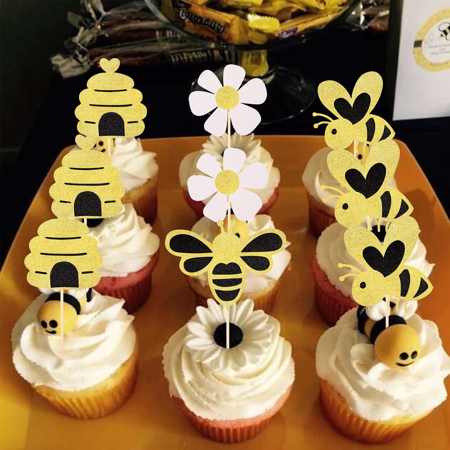 Paquete de 24 adornos para cupcakes de abejorros con purpurina de abeja, panal, panal, cupcakes, para revelación de género, baby shower, niños,