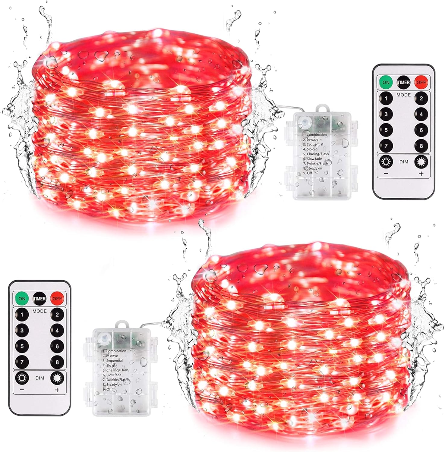 JMEXSUSS Paquete de 2 luces rojas que funcionan con pilas. Total de 200 luces LED de Halloween rojas de 66 pies con control remoto, 8 modos de luces