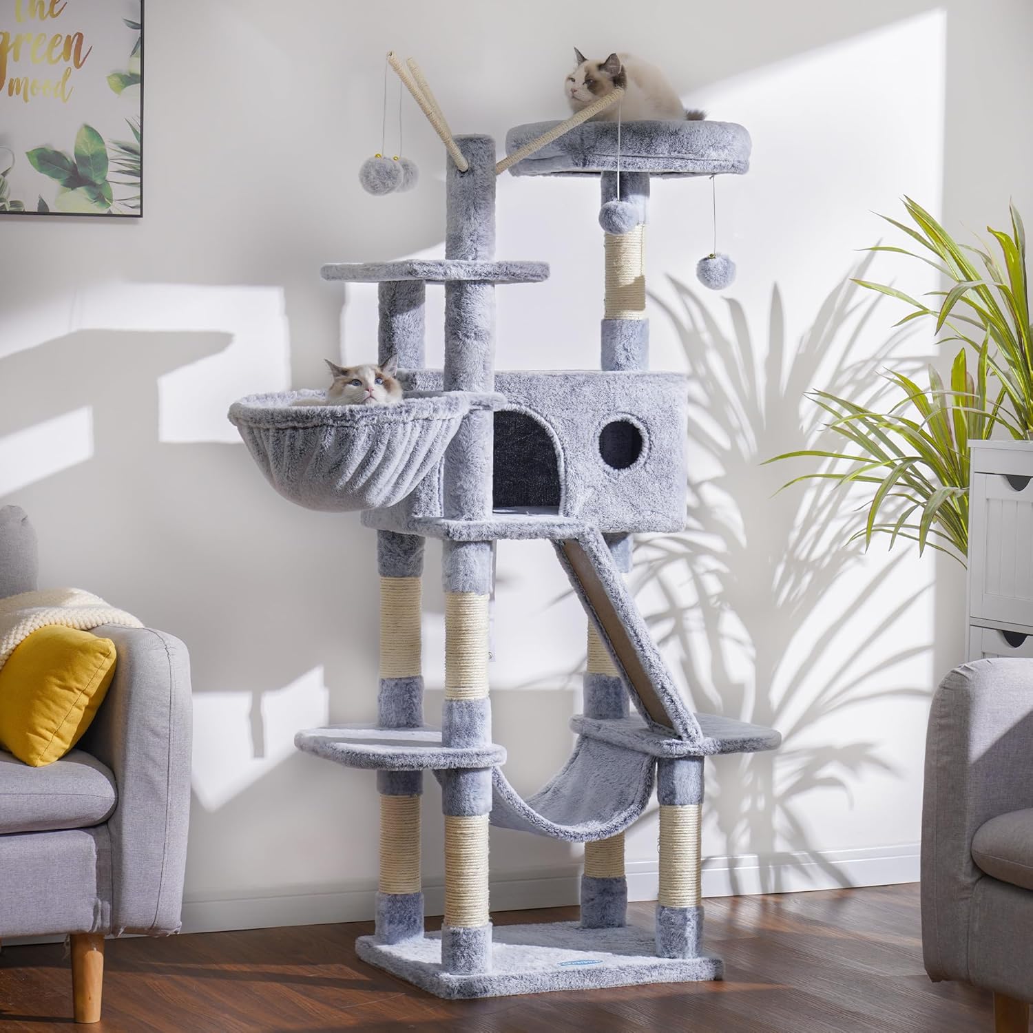 Hey-brother Árbol para gatos, torre para gatos de 61 pulgadas para gatos de interior, casa para gatos con plataforma acolchada, bolas de juguete,