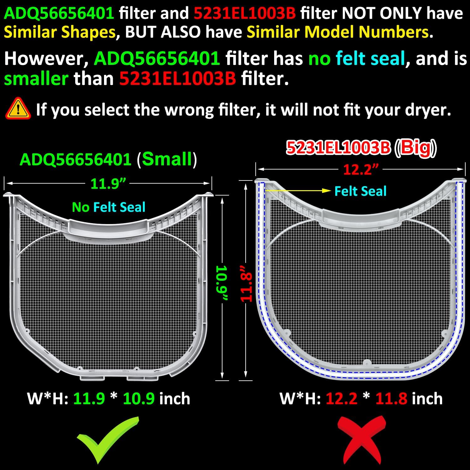 Reemplazo de filtro de pelusa ADQ56656401 actualizado para secadoras LG y Kenmore, pantalla de pelusa (parte inferior con muescas), trampa de pelusa