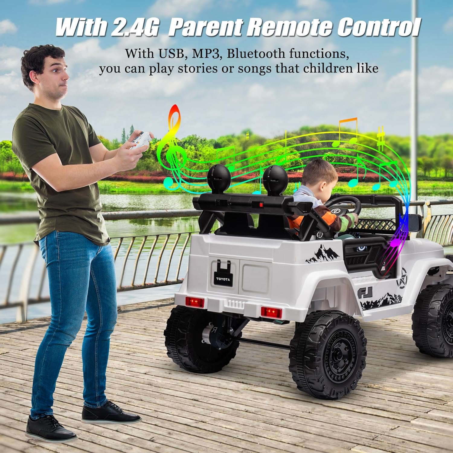 FJ Cruiser – Vehículo eléctrico de 12 V para niños, con control remoto, Bluetooth, MP3, luces LED, absorción de impactos, 2 puertas abiertas (blanco)