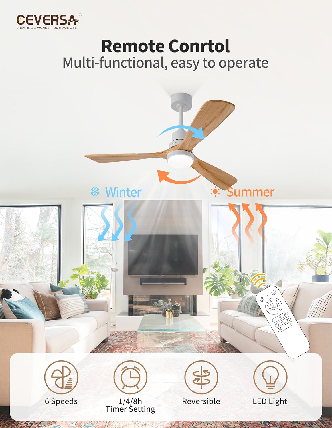 Ceversa Ventilador de techo de madera maciza de 52 pulgadas con luz y control remoto, ventilador de techo moderno de madera natural de 3 aspas,