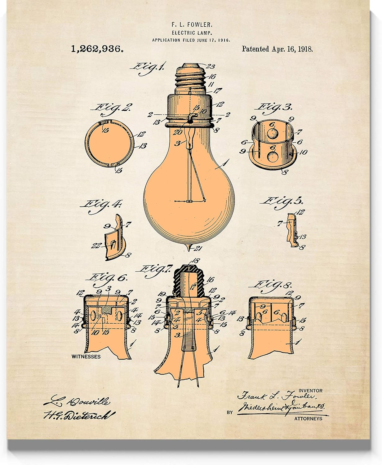 Fowler, estilo pergamino vintage, patente 1918 por Fowler, impresión artística de pared, 11 x 14 pulgadas, gran idea de regalo para ingenieros