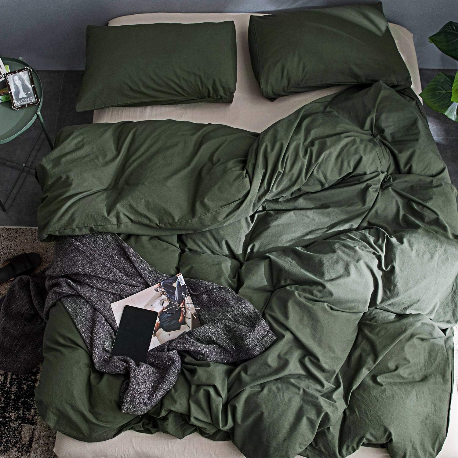 ECOCOTT Juego de funda de edredón verde militar, tamaño California King, 100% algodón lavado, duradero, suave y cómodo, funda de edredón de 3 piezas