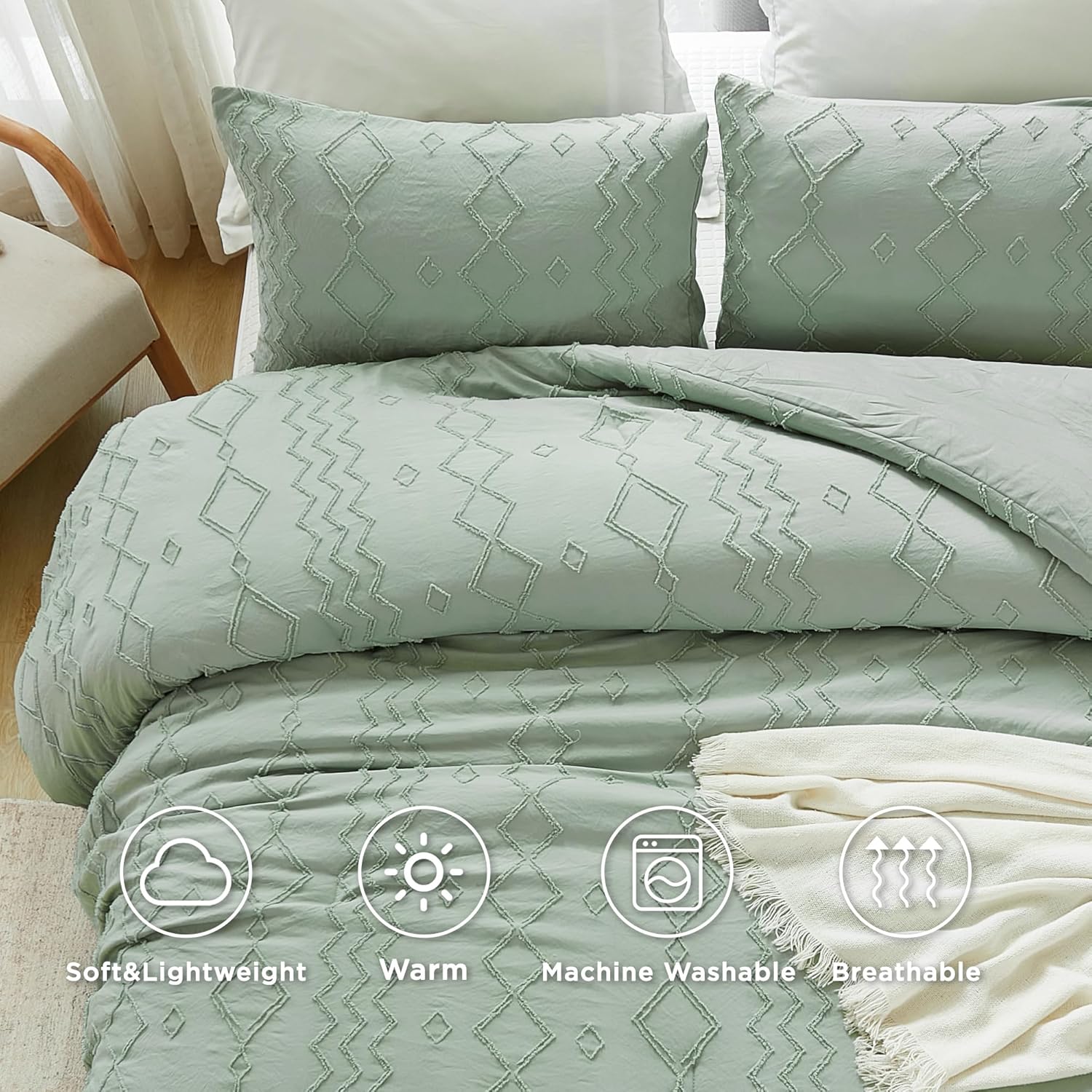 Andency Juego de edredón verde copetudo, tamaño matrimonial (79 x 90 pulgadas), 3 piezas (1 edredón acolchado y 2 fundas de almohada), edredón