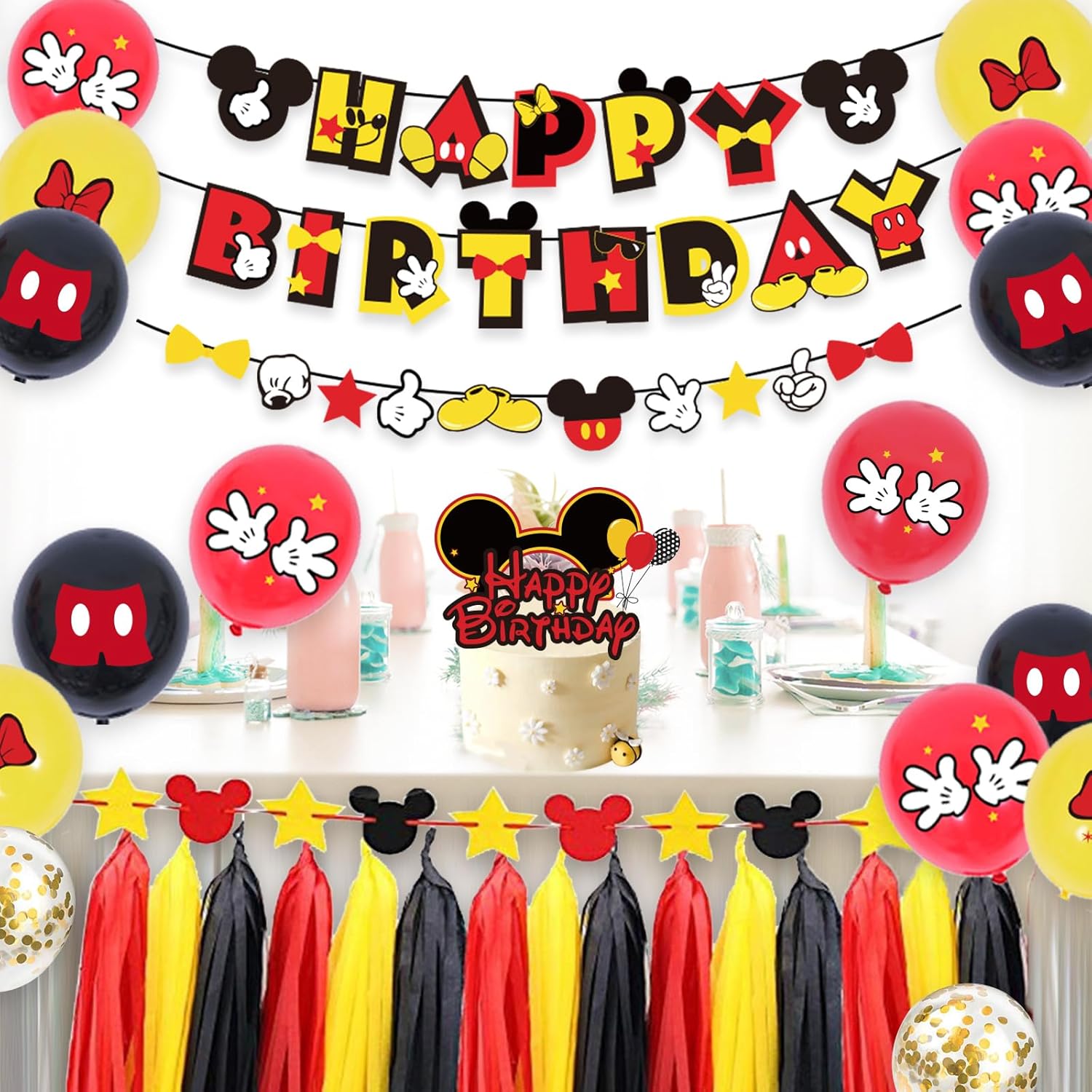 PRATYUS Decoraciones de cumpleaños de Mickey para regalos de fiesta con pancarta de cumpleaños y guirnalda, decoración de pastel y globos