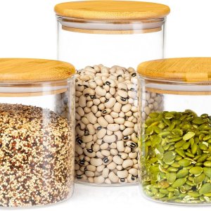 Crutello Recipientes de vidrio para almacenamiento de alimentos con tapas de bambú, paquete de 3 unidades  uno de 32 onzas líquidas y dos Crutello Recipientes de vidrio para almacenamiento de alimentos con tapas de bambú, paquete de 3 unidades  uno de 32 onzas líquidas y dos