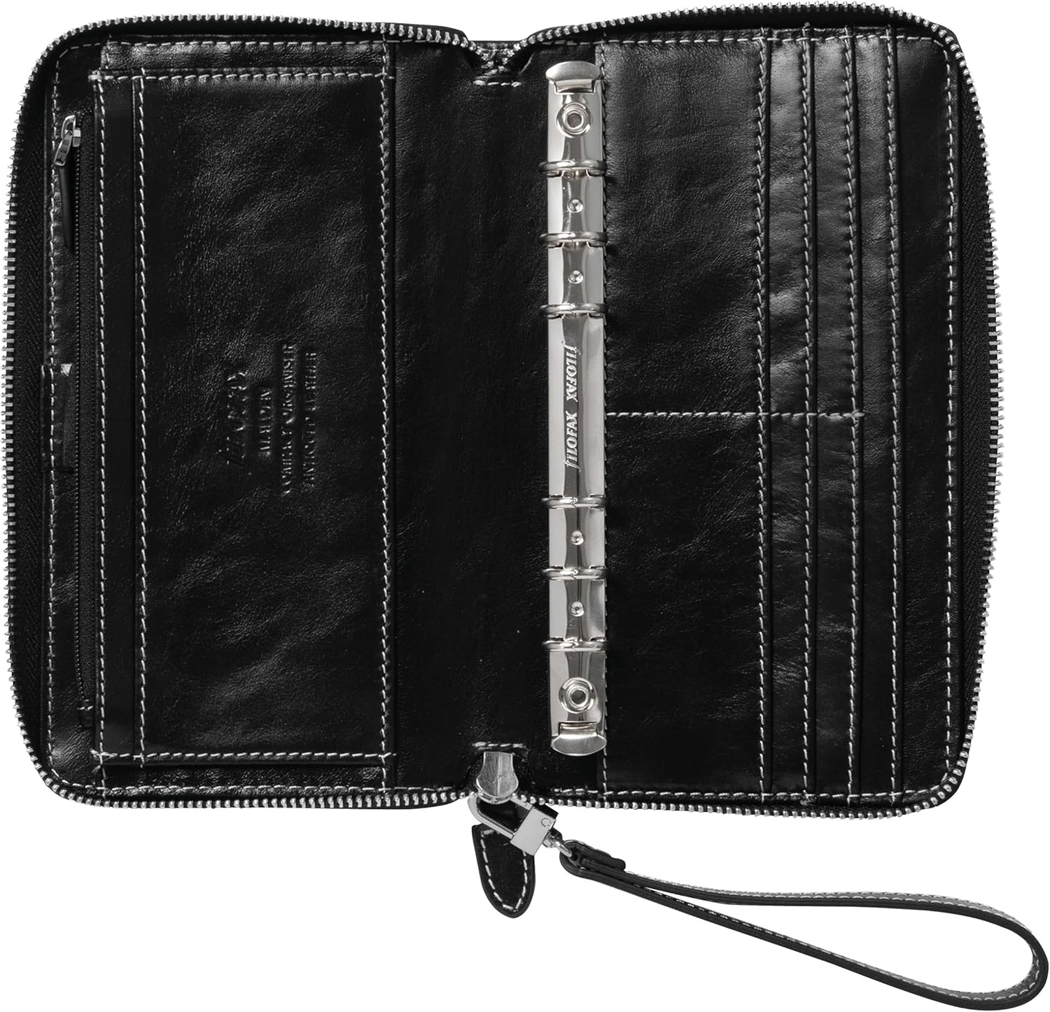 Filofax Malden – Organizador de cremallera, tamaño compacto personal, negro, táctil, piel de búfalo de grano completo, seis anillos, con calendario